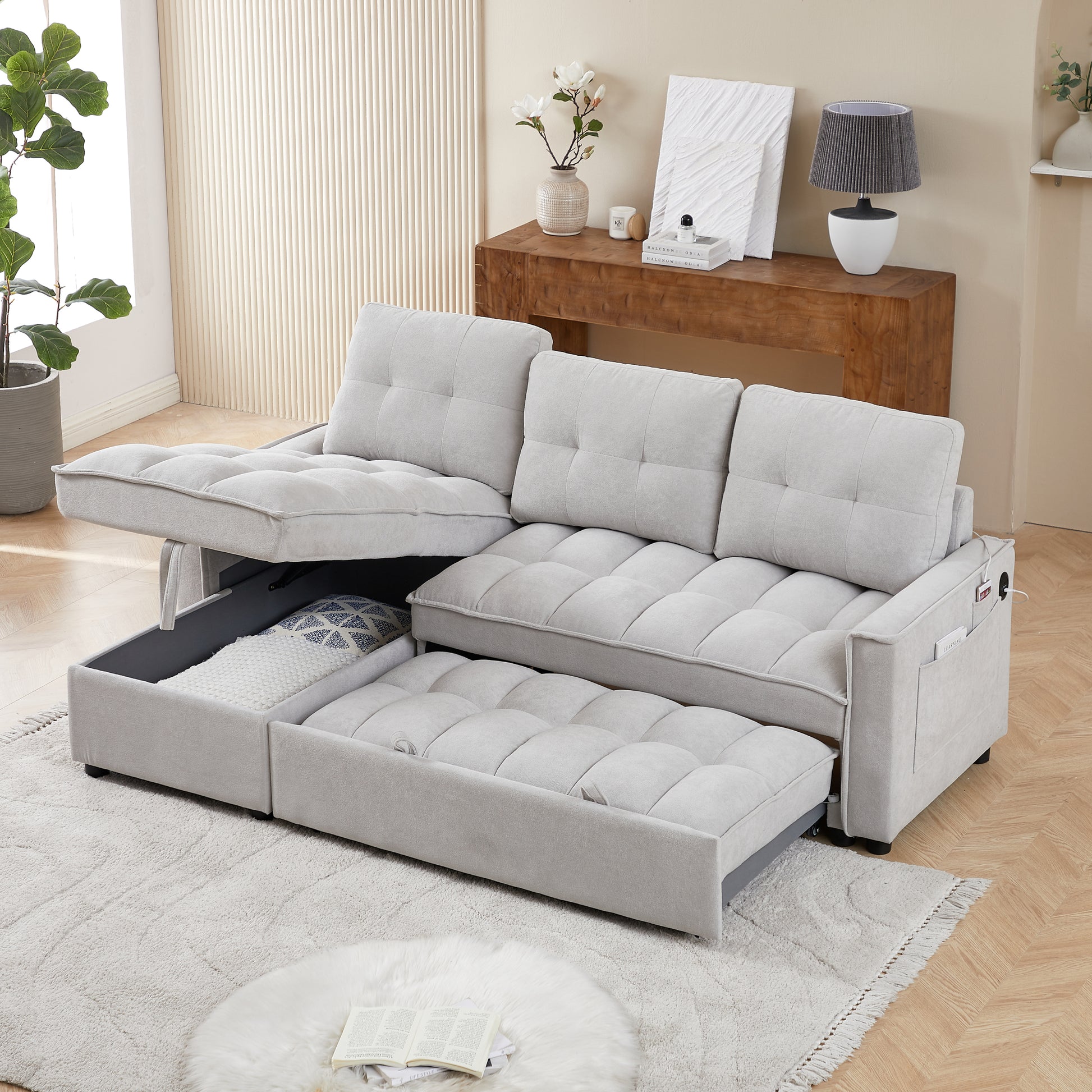 Mh 78.75" Reclining Sofa, Pull Out Sofa Bed With Usb And Tape C Charging Ports, L Shaped Sectional Sofa With Reclining Storage And Arm Side Organizer Pocket Features, Living Room Comfort Sofa Light Grey Chenille Wood Primary Living Space Eucalyptus Foam