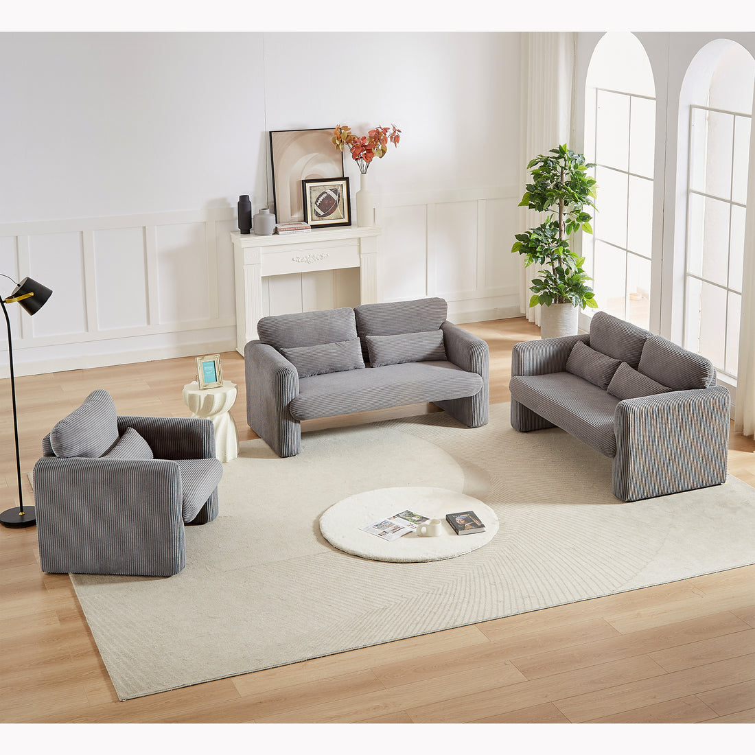 Two 60"Corduroy Fabric Sofa With 33" Single Sofa, Modern Sofa With Support Pillow, For Apartment, Office, Living Room & Bedroom Grey Corduroy 5 Seat