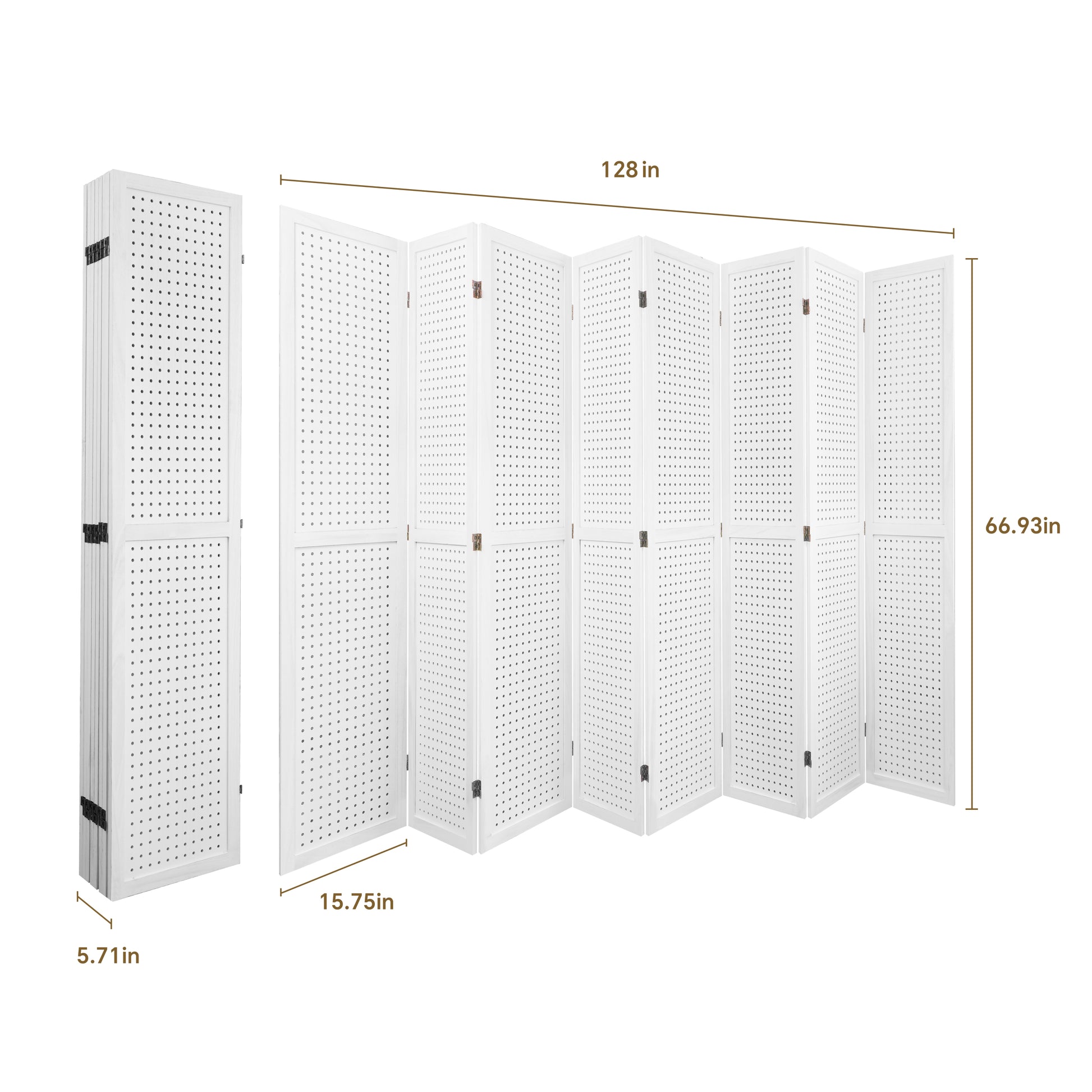 8 Panel Room Divider, 5.6Ft Pegboard Display Wooden Room Divider Folding Privacy Screen Room Divider Freestanding Peg Board Display For Trade Show Craft Show Home Wall Organizer,Elegant White White Modern Wood