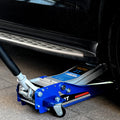 Low Position Steel Vehicle Floor Mounted Hydraulic Jack With Dual Piston Quick Lift Pump, 3 Ton 6600 Lb. Capacity. Blue Steel