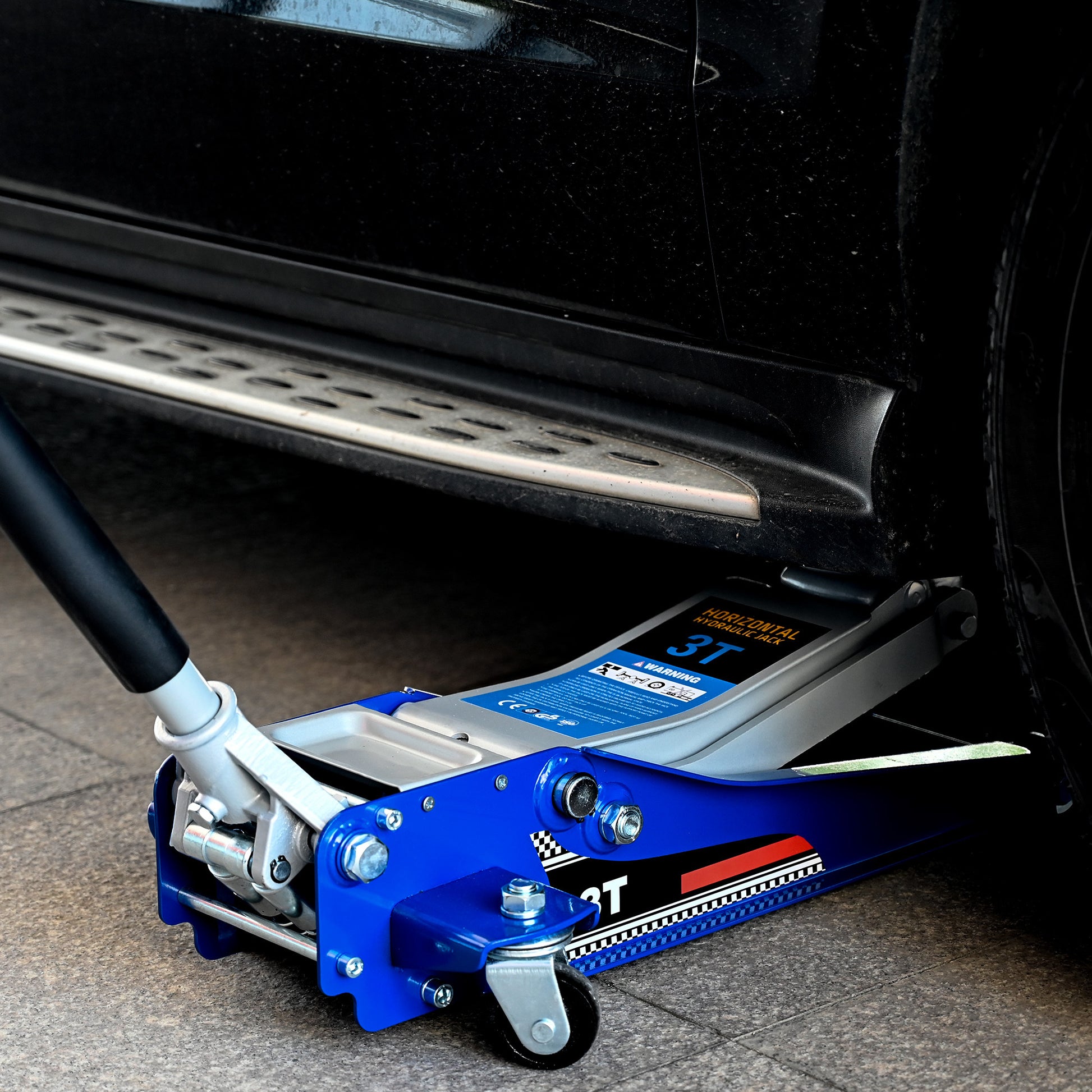 Low Position Steel Vehicle Floor Mounted Hydraulic Jack With Dual Piston Quick Lift Pump, 3 Ton 6600 Lb. Capacity. Blue Steel