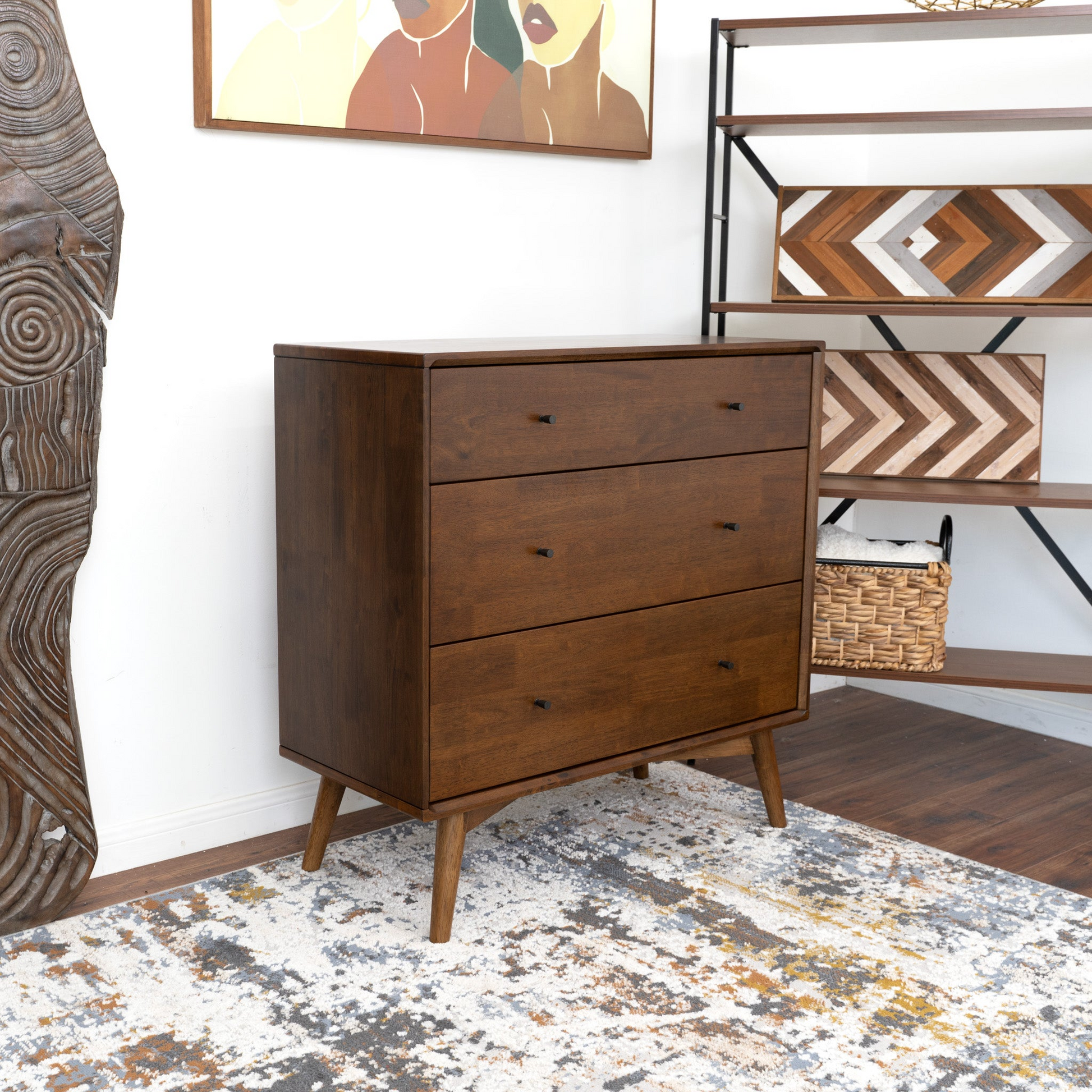 Caroline Mid Century Modern Solid Wood Dresser 3 Drawer Brown,Wood Brown Bedroom Mid Century Modern Solid Wood