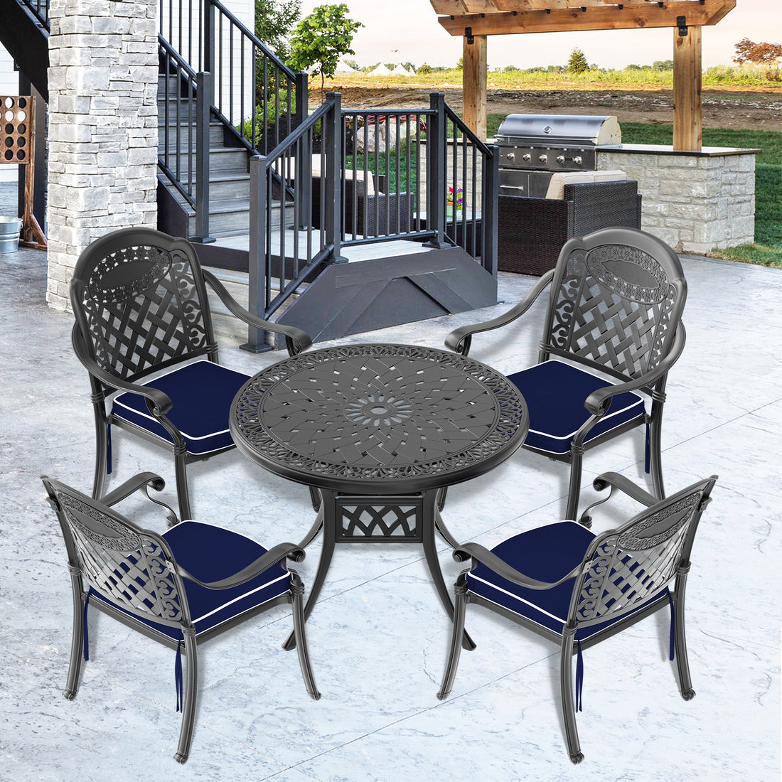 Cushions In Random Colors 5 Piece Set Of Cast Aluminum Patio Furniture With Cushions Yes Dining Set Black Seats 4 Rust Resistant Frame Water Resistant Cushion Garden & Outdoor Complete Patio Sets Aluminium