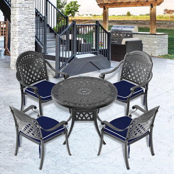 Cushions In Random Colors 5 Piece Set Of Cast Aluminum Patio Furniture With Cushions Yes Dining Set Black Seats 4 Rust Resistant Frame Water Resistant Cushion Garden & Outdoor Complete Patio Sets Aluminium