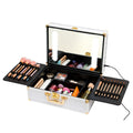 Portable Makeup Case With Led Mirror Travel Makeup Bag Cosmetic Organizer Box With Locks, Brush Holder, Dividers, Rechargeable, White White Aluminium Alloy