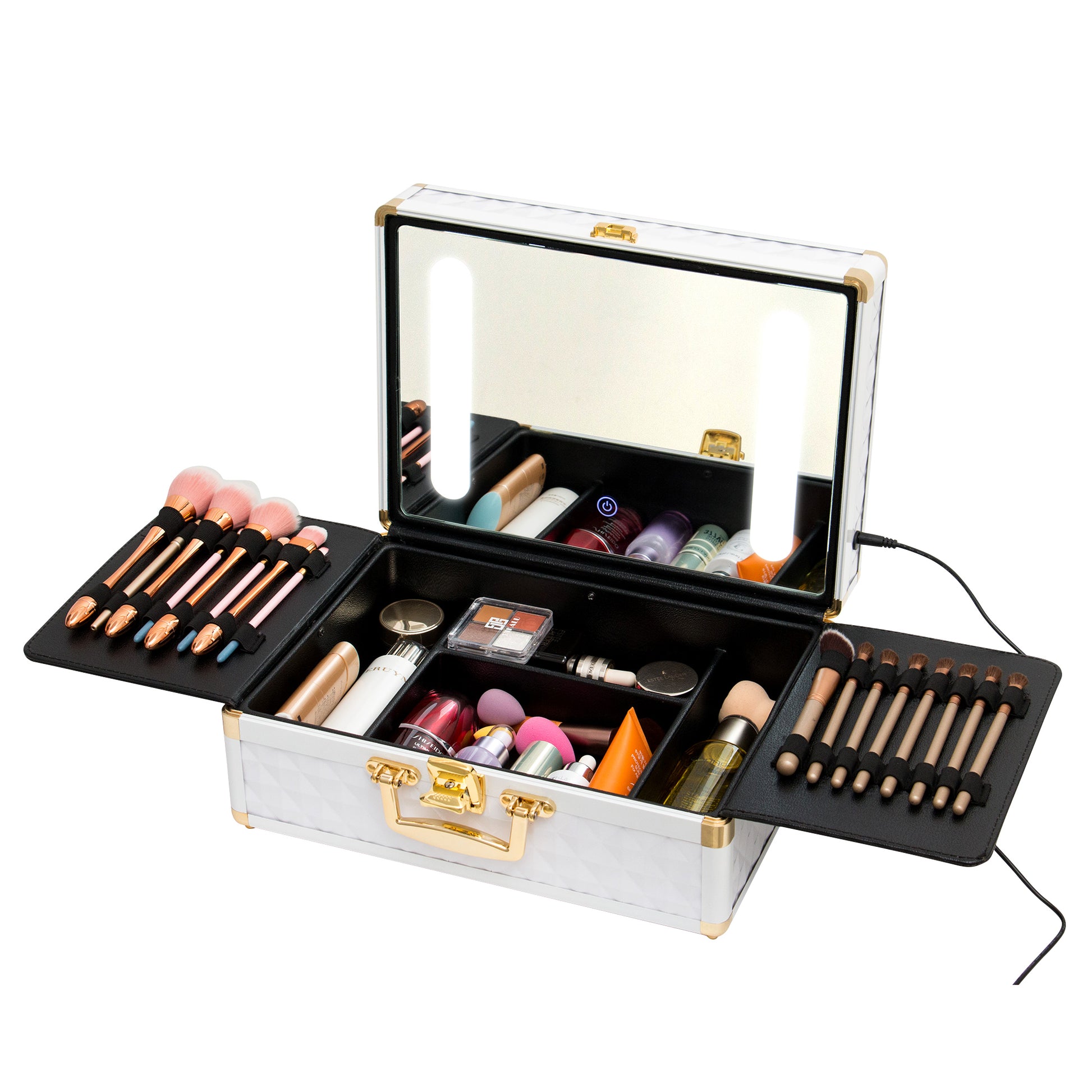 Portable Makeup Case With Led Mirror Travel Makeup Bag Cosmetic Organizer Box With Locks, Brush Holder, Dividers, Rechargeable, White White Aluminium Alloy
