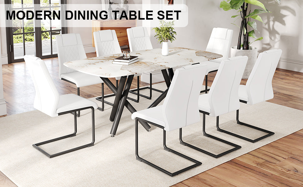 1 Table And 8 Chairs Set.A Rectangular Dining Table With A 0.39 Inch Imitation Marble Tabletop And Black Metal Legs.Paired With 8 Chairs With Pu Leather Seat Cushion And Black Metal Legs.F 1538,C 001 White Black Glass Metal