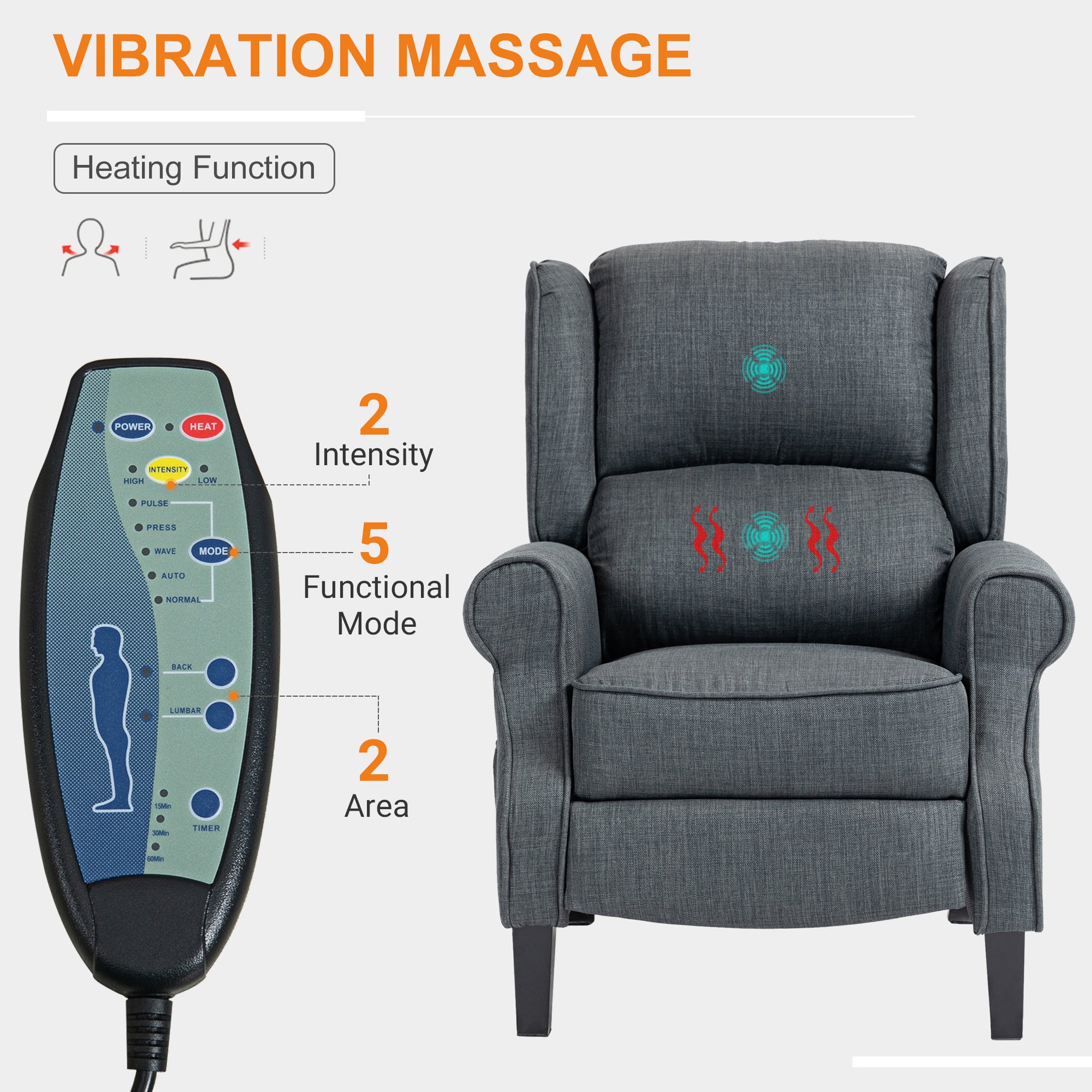 Homcom Vibrating Massage Recliner Chair For Living Room, Reclining Wingback Single Sofa With Heat, Linen Fabric Push Back Accent Chair With Footrest, Side Pocket, Charcoal Gray Charcoal Grey Linen