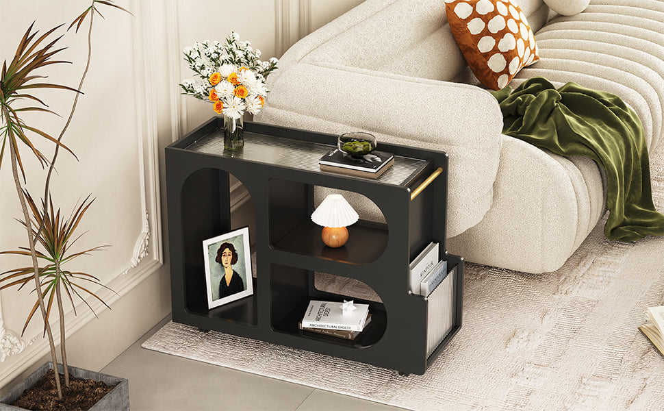 Mobile End Table With Lockable Wheels, Narrow Coffee Table With 5Mm Thick Fluted Tempered Glass, Modern Nightstand With Golden Round Rod, Living Room, Black, 31.5''W X11.8''D X 23.1''H Black Primary Living Space Mdf