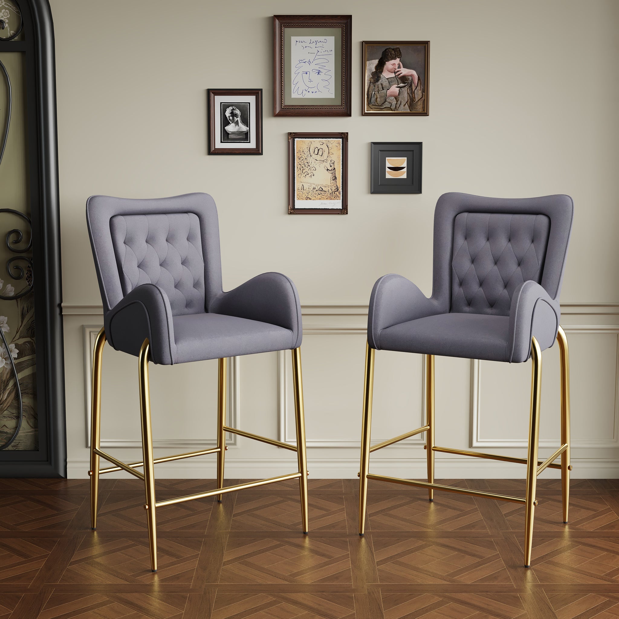 28.75Inch Counter Height Bar Stools Set Of 2, Bar Height Arm Chairs, Velvet Fabric Stools With Golden Legs And Footrests,Gray Solid Kitchen Tufted Back Set Of 2 Wood Gray Powder Coated Foam Spot