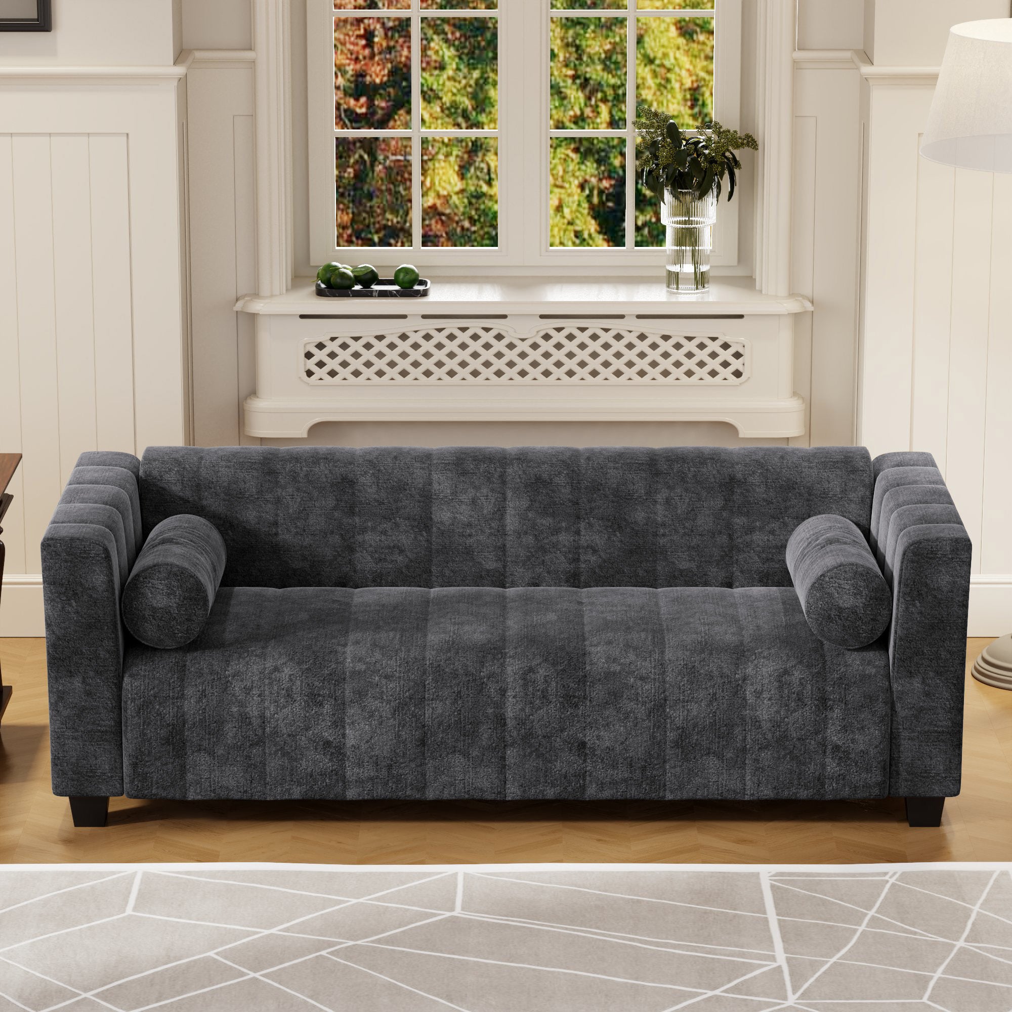 78.7''Upholstered Sofa For Living Room, Bedroom, Salon, Simplified Style Dark Gray Polyester 3 Seat