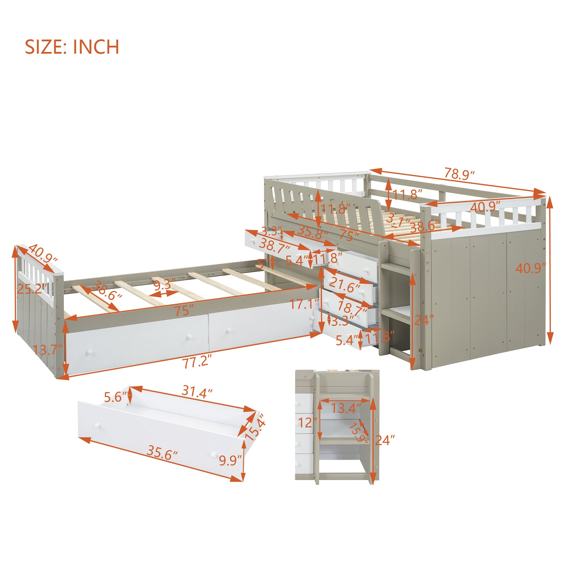 L Shaped Space Saving Twin Loft And Twin Platform Bed With 7 Drawers And Full Guardrails White Light Brown Twin Brown White Solid Wood