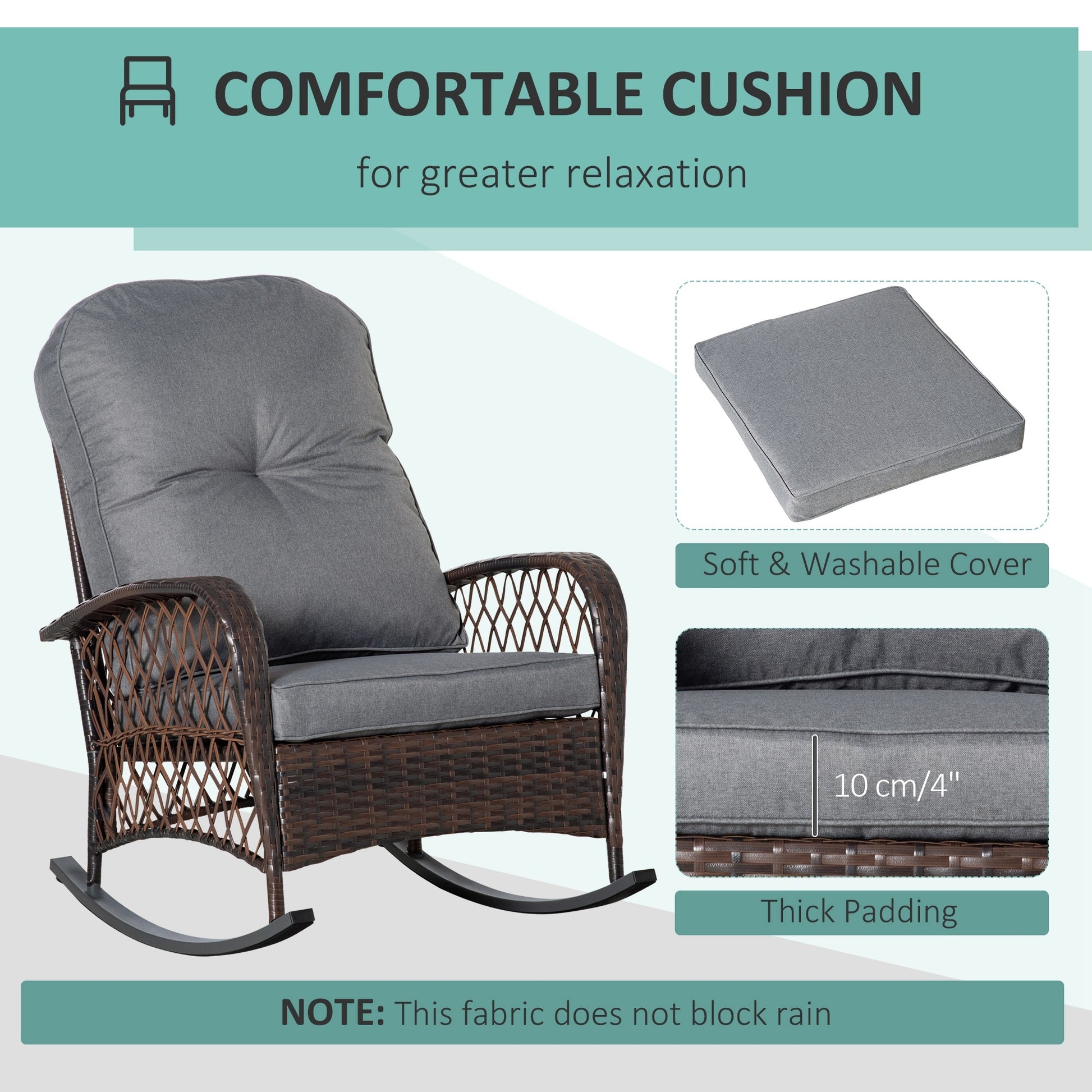 Outsunny Outdoor Wicker Rocking Chair With Wide Seat, Thick, Soft Cushion, Rattan Rocker W Steel Frame, High Weight Capacity For Patio, Garden, Backyard, Grey Gray Steel