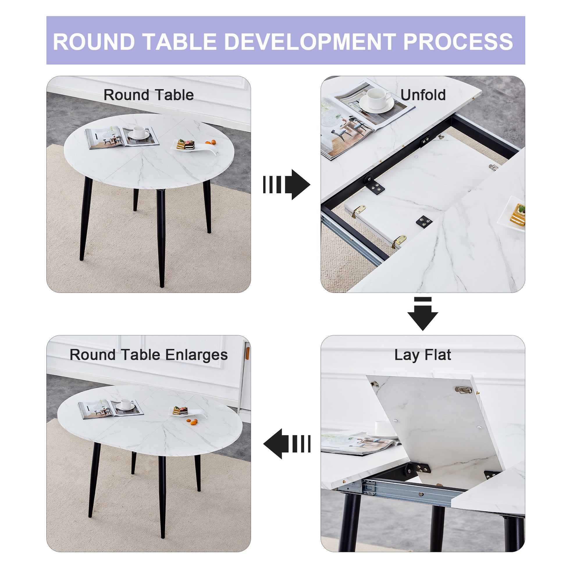 Table And Chair Set.Modern Extendable Mdf Dining Table.The Table Has A Telescopic Design, Suitable For Gatherings Of Different Size.Paired With 4 Chairs With Pu Cushions And Black Metal Legs. Black,White Seats 4 Mdf Metal