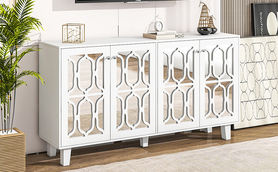 Buffet Cabinet With Adjustable Shelves, 4 Door Mirror Hollow Carved Tv Stand For Tvs Up To 70'', Multi Functional Console Table With Storage Credenza Accent Cabinet For Living Room, White 3 4 Spaces White Primary Living Space Adjustable Shelves Mdf