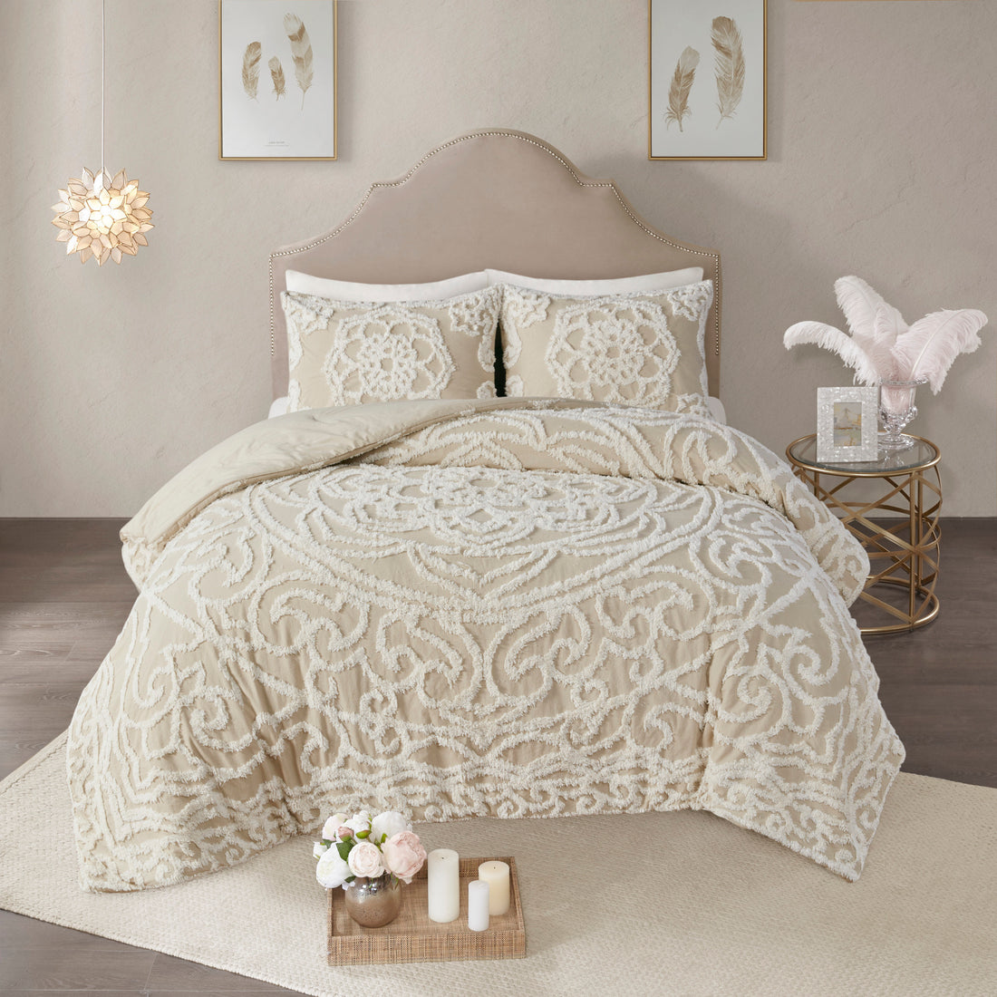 Tufted Cotton Chenille Medallion Comforter Set Taupe King Cal King King Taupe Polyester