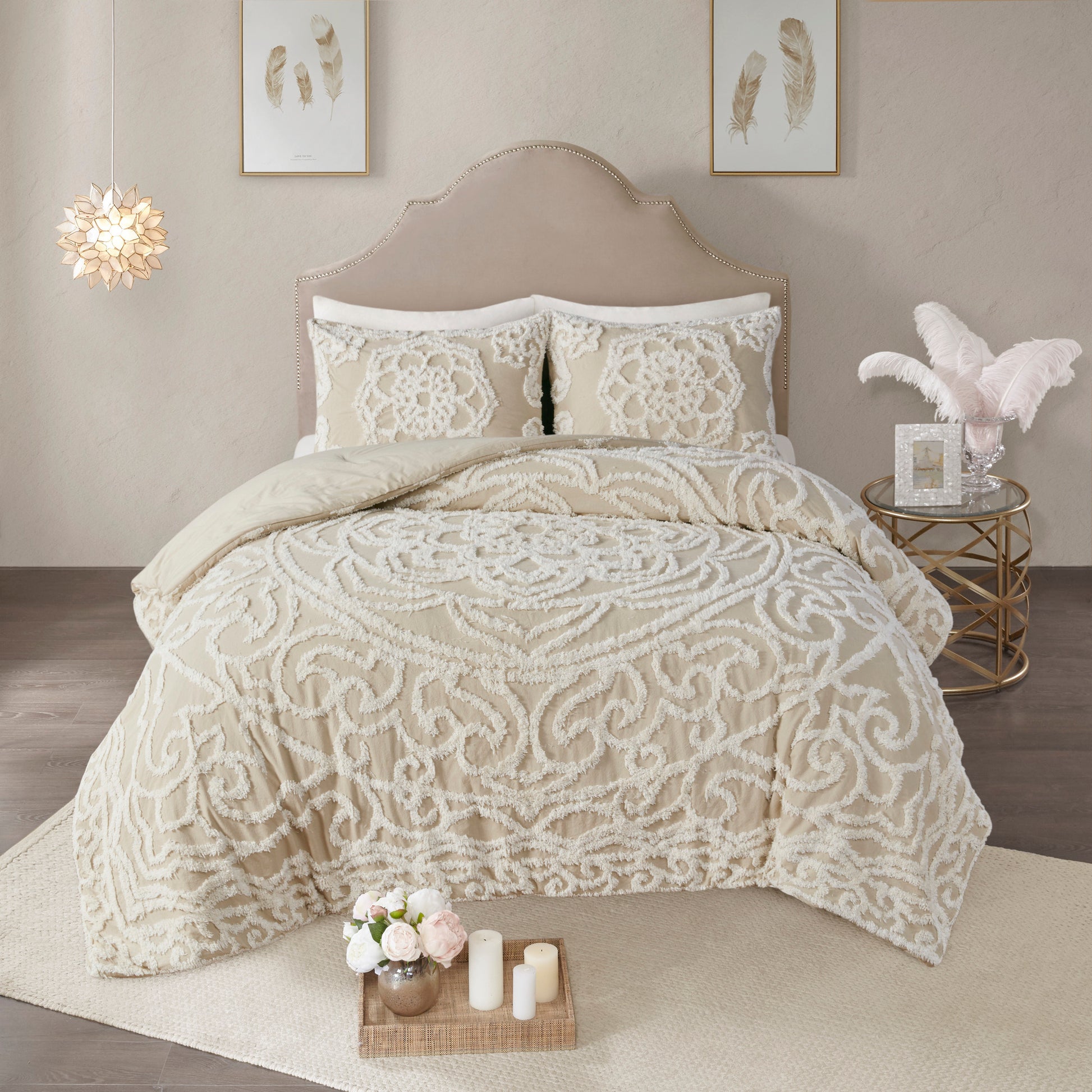 Tufted Cotton Chenille Medallion Comforter Set Taupe King Cal King King Taupe Polyester