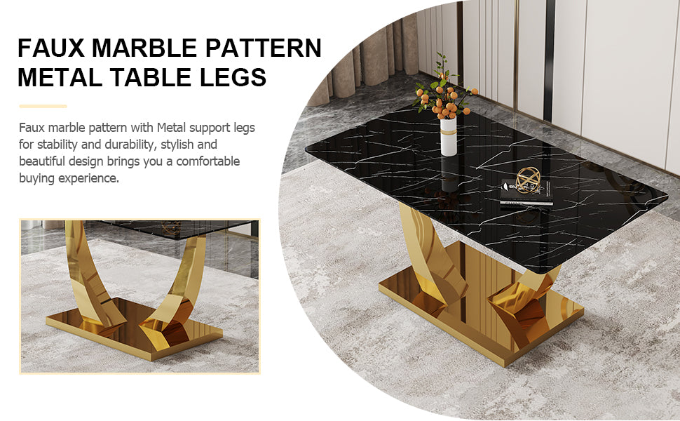 Table And Chair Set.Modern Rectangular Dining Table With Black Textured Stickers Glass Tabletop And Gold Plated Metal Legs.Paried With 6 Comfortable Chairs With Pu Seats And Golden Metal Legs. Dark Gray,Gold Seats 6 Glass Metal