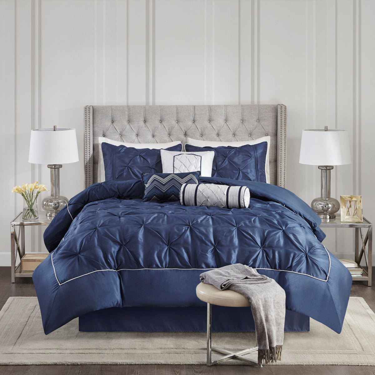 7 Piece Tufted Comforter Set Navy King King Navy Polyester