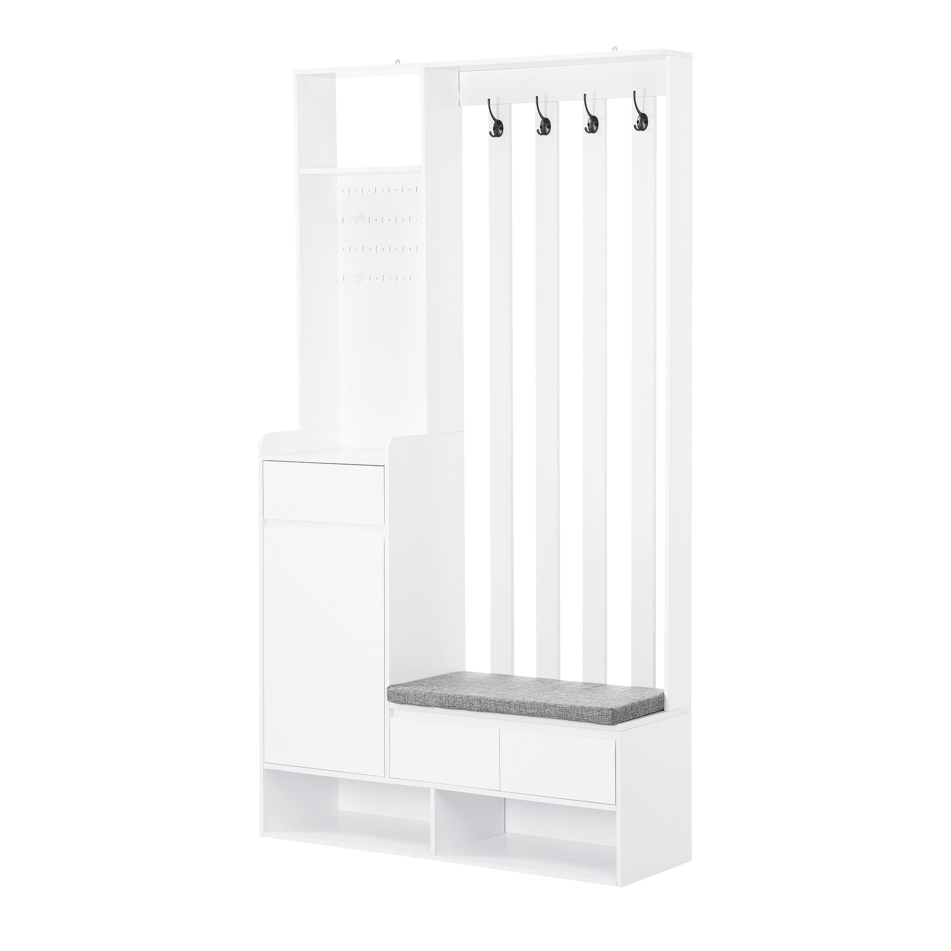 Contemporary 39.3''Wx70.8''H Hall Tree Storage With Cushioned Storage Bench, Multifunctional Hallway Shoe Cabinet With Pegboard, Modern Coat Rack With 4 Hooks For Entryway, Mudroom, White White Mdf