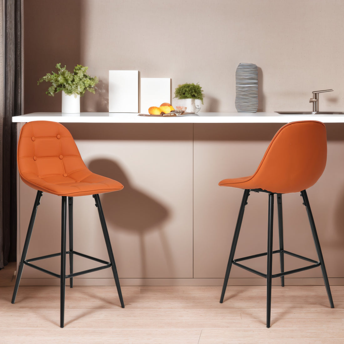 Counter Stools,Set Of 2 Bar Stools With Back And Footrest, Modern Metal Counter Height Barstools For Kitchen Home Bar,25.5" Armless Barstool Chairs Brown Leather