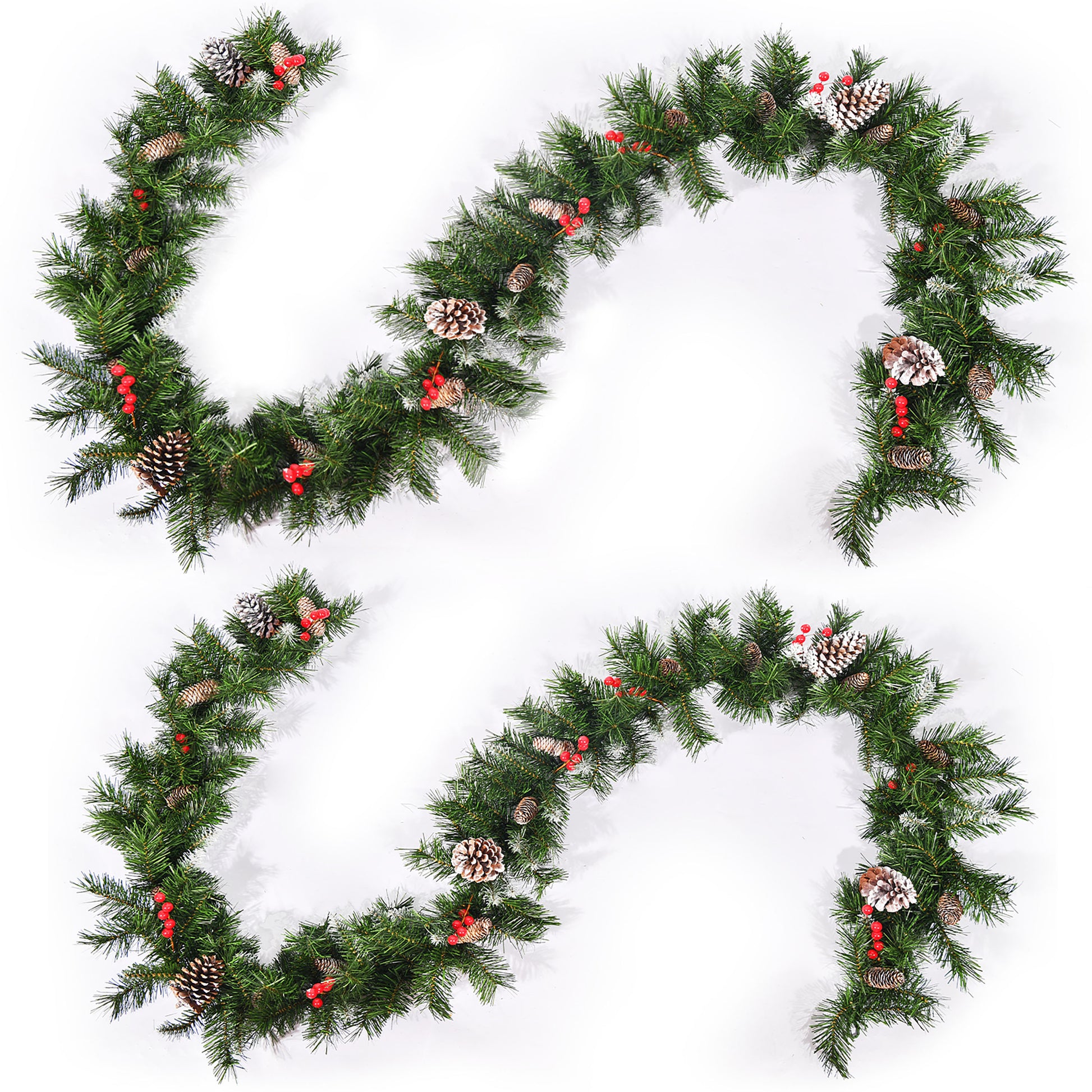 2 Packed 9'X10'' Mixed Frosted Garland With 20 Pine Cones And 10 Red Berry With 50 Warm White Led Lights With Timer Battery Operated Outdoor, 200 Tips Green Pvc