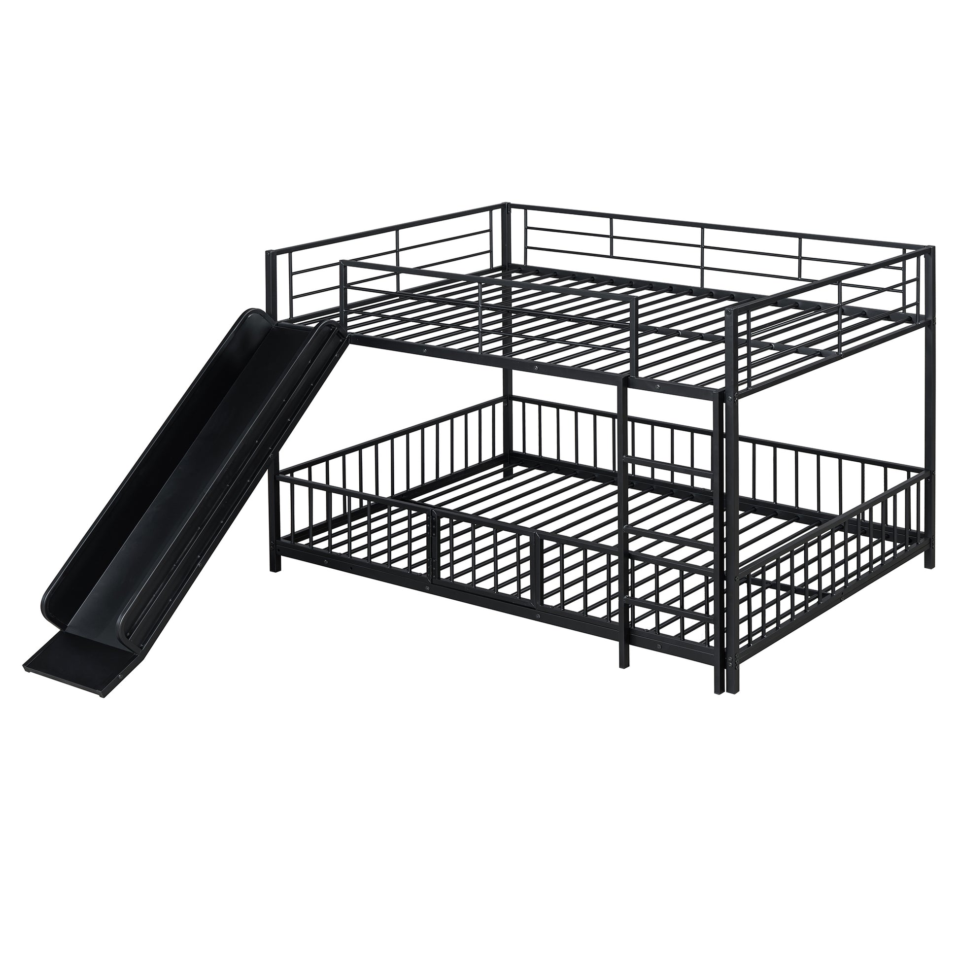 Full Over Full Size Metal Bunk Bed With Slide And Guardrails, Black Full Black Metal