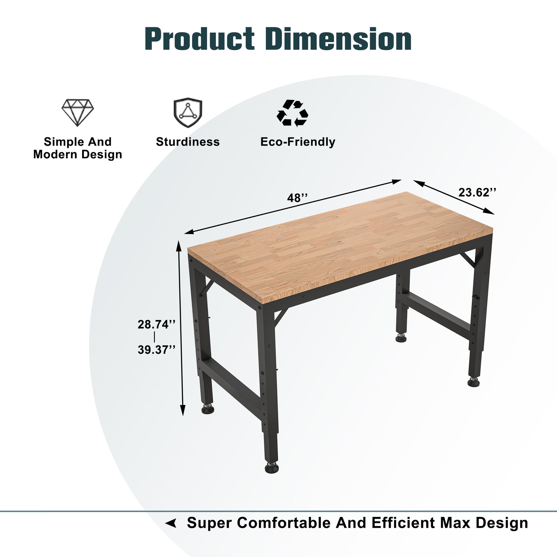 48" Heavy Duty Adjustable Workbench For Garage, Rubber Wood Shop Table W Rubber Pads, Hardwood Workstation Weight Capacity Over 2000 Lbs Black Metal & Wood