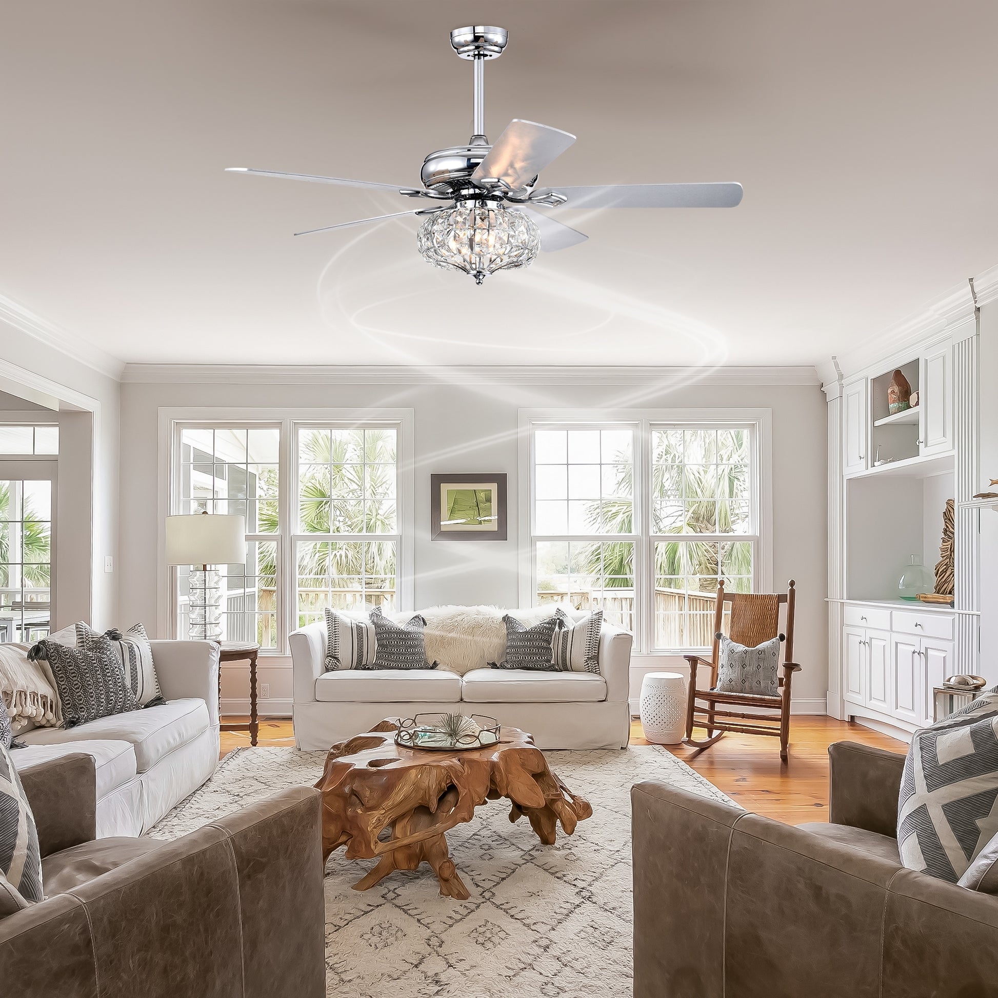 52'' Crystal Shade Ceiling Fan Lamp With Remote Control 3 Speed High, Mid, Low 5 Reversible Blades For Living Room, Dining Room, Bedroom, Family Room, Chrome ,3Pcs*E26 No Include Bulb Chrome American Traditional,Antique,Classic,Contemporary Crystal Metal