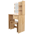 Vanity Desk Set Stool & Dressing Table With Led Lighting Mirror Drawer And Compartments Modern Wood Cosmetic Table Chest Of Drawers Nature Color Natural Wood Particle Board