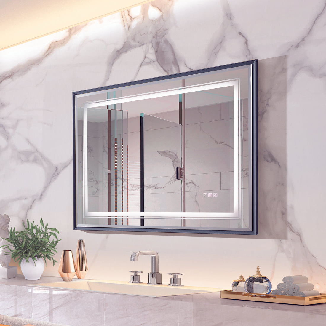 40*30Inch Led Bathroom Beveled Mirror,3000 6000K Gradient Front And Backlit Led Mirror For Bathroom,3Colors Dimmable,Ip54 Enhanced Anti Fog,Hanging Plates Wall Mount Lighted Mirror. Beveled Mirror Grey American Design Aluminium Alloy