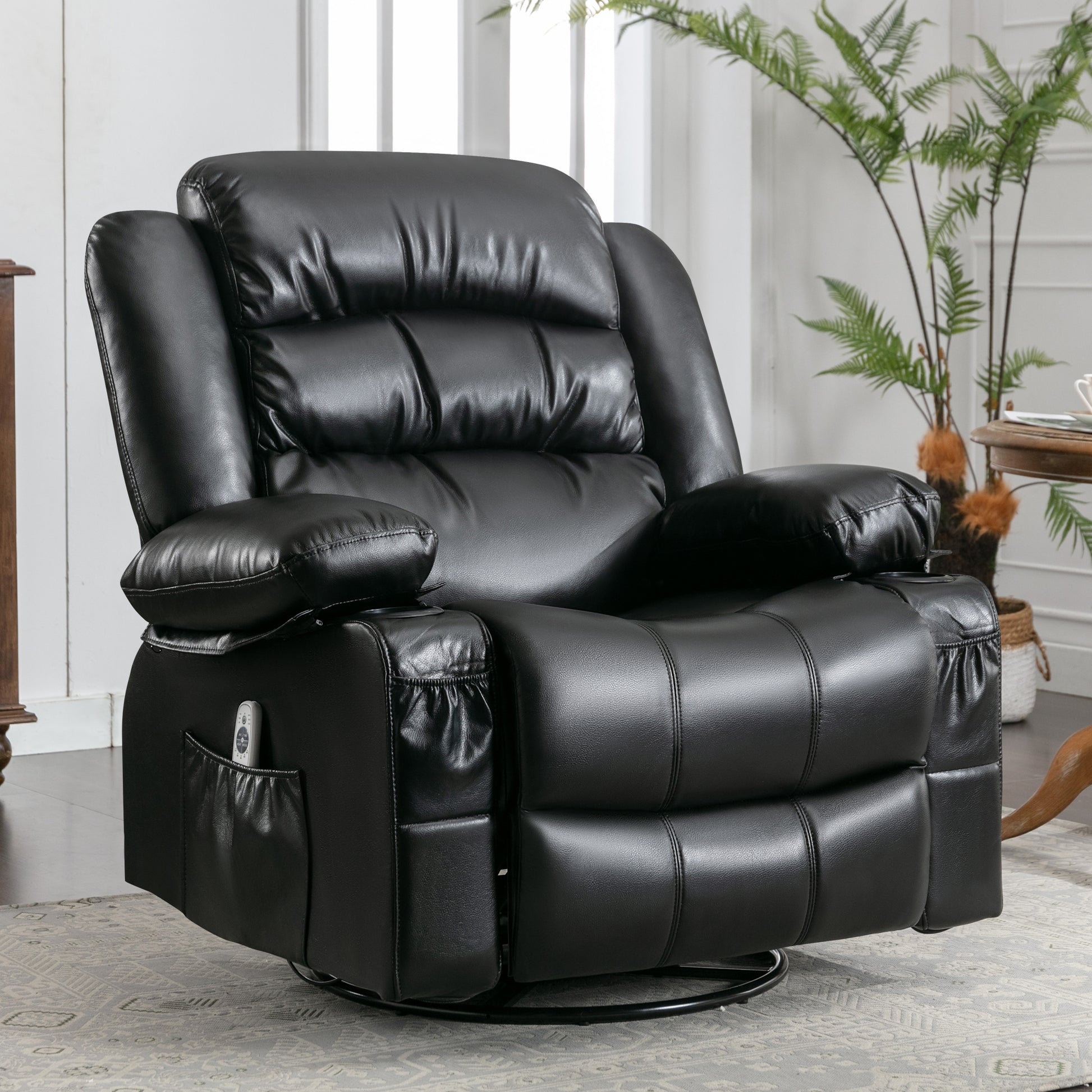 Massage Swivel Rocker Recliner Chair With Vibration Massage And Heat Ergonomic Lounge Chair For Living Room With Rocking Function And Side Pocket 2 Cup Holders Usb Charge Port Black Faux Leather Manual Handle Metal Soft Heavy Duty Push Button Foam Pu