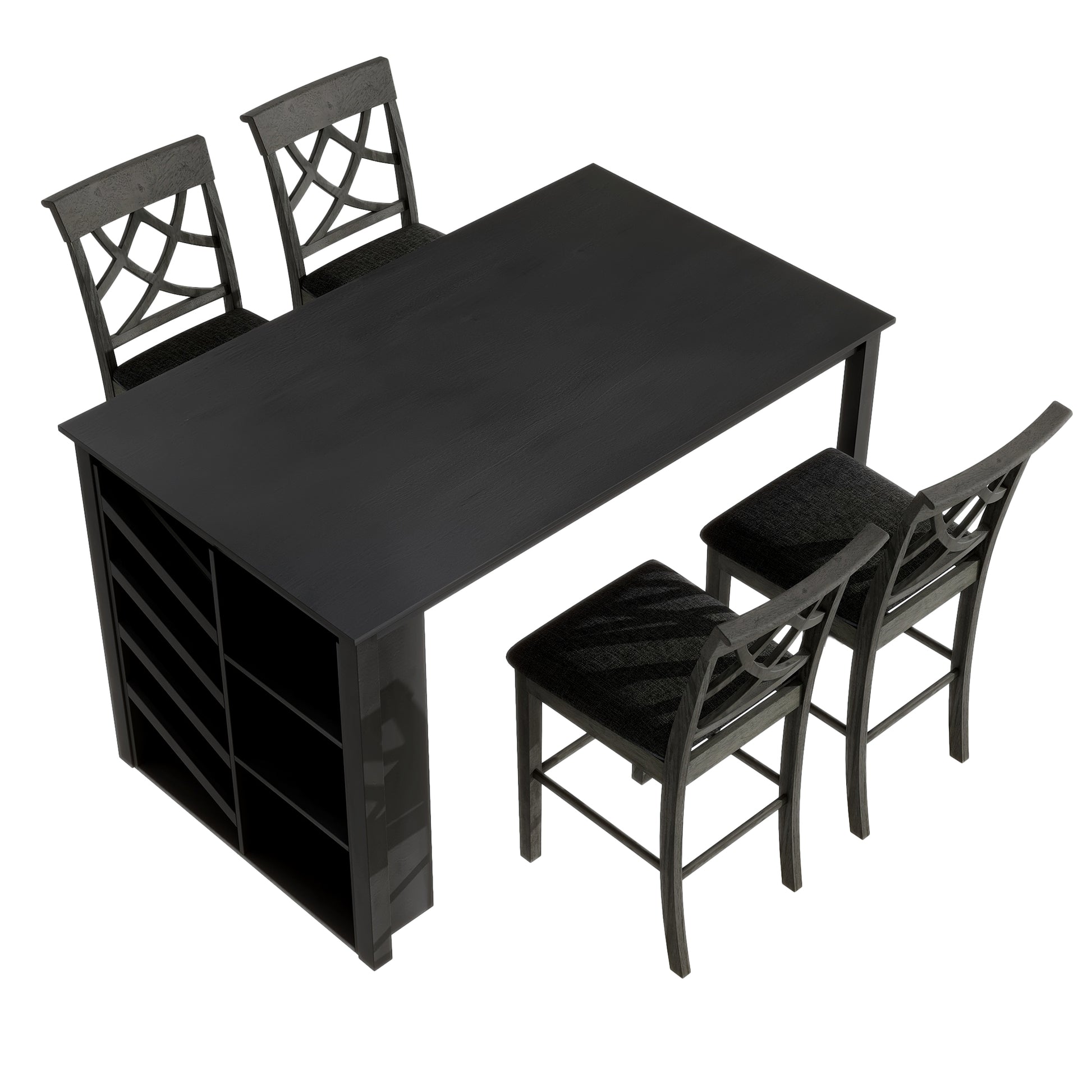Updated Counter Height 5 Piece Solid Wood Dining Table Set, 59*35.4Inch Table With Curved Wine Rack And 4 Upholstered Chairs, Grey Wood Dining Room Solid Wood Rubberwood Rectangular Dining Table With Chair Wood Wood Grey Solid Back Seats 4 Farmhouse 4