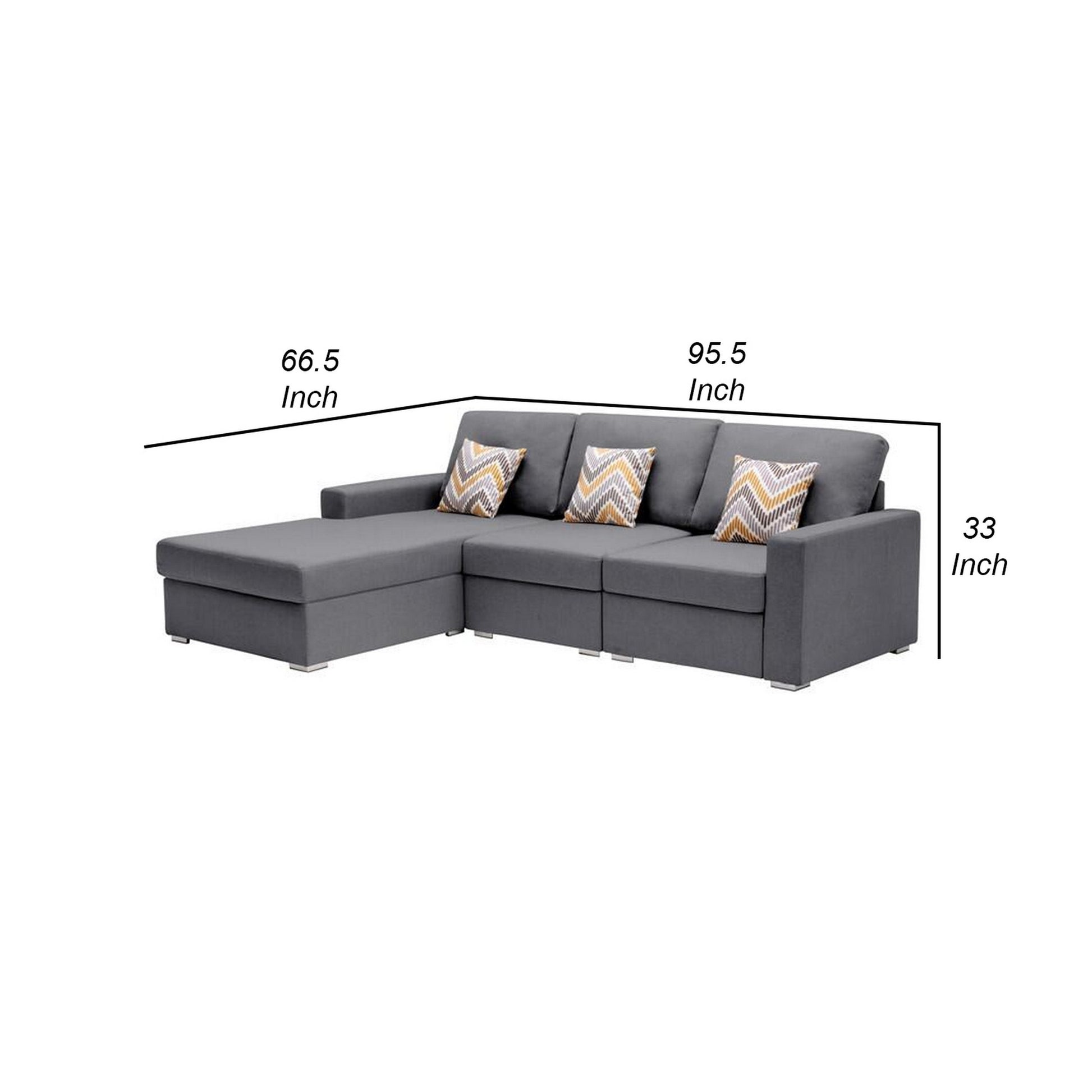 Meg 96 Inch 3 Seater Left Face Sectional Sofa Set, Reversible Chaise, Gray Gray Wood Fabric 4 Seat