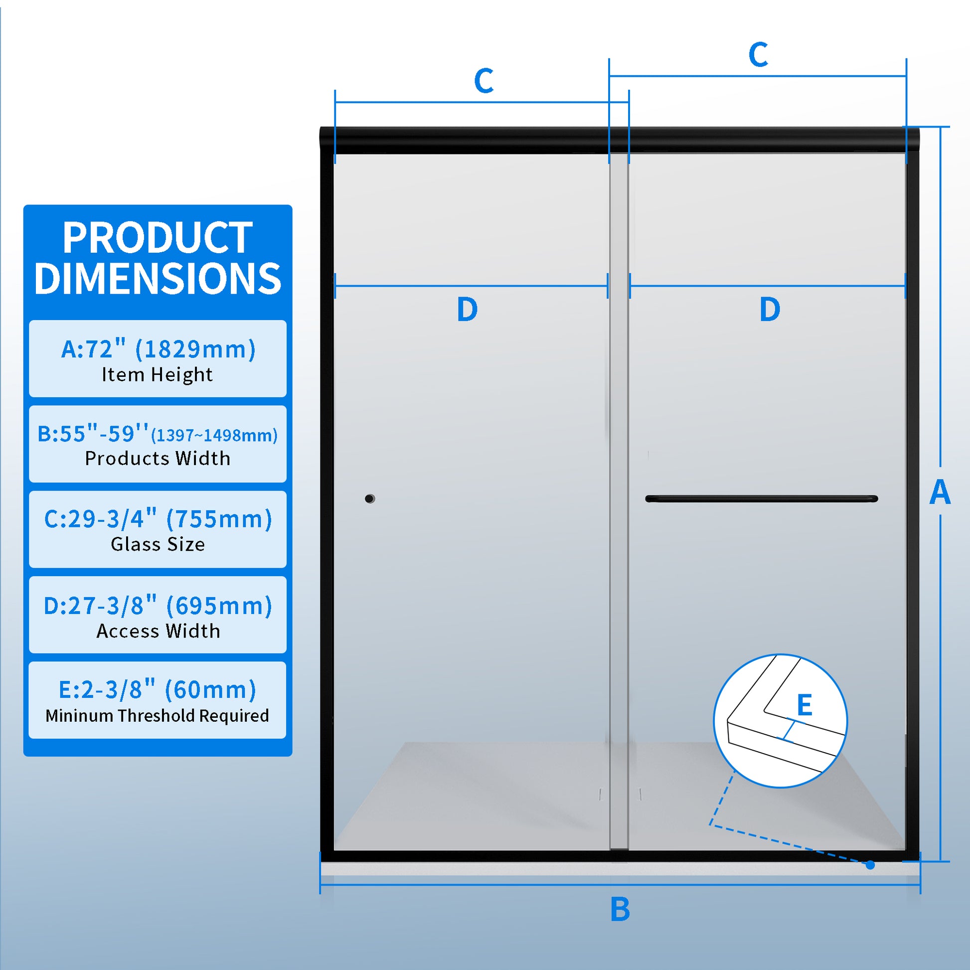 55 To 59 Inches Width 72 Inches Height Double Sliding Semi Frameless Shower Door With 1 4 Inches 6Mm Clear Tempered Glass, Matte Black Finish Matte Black Bathroom European,Luxury,Modern Glass