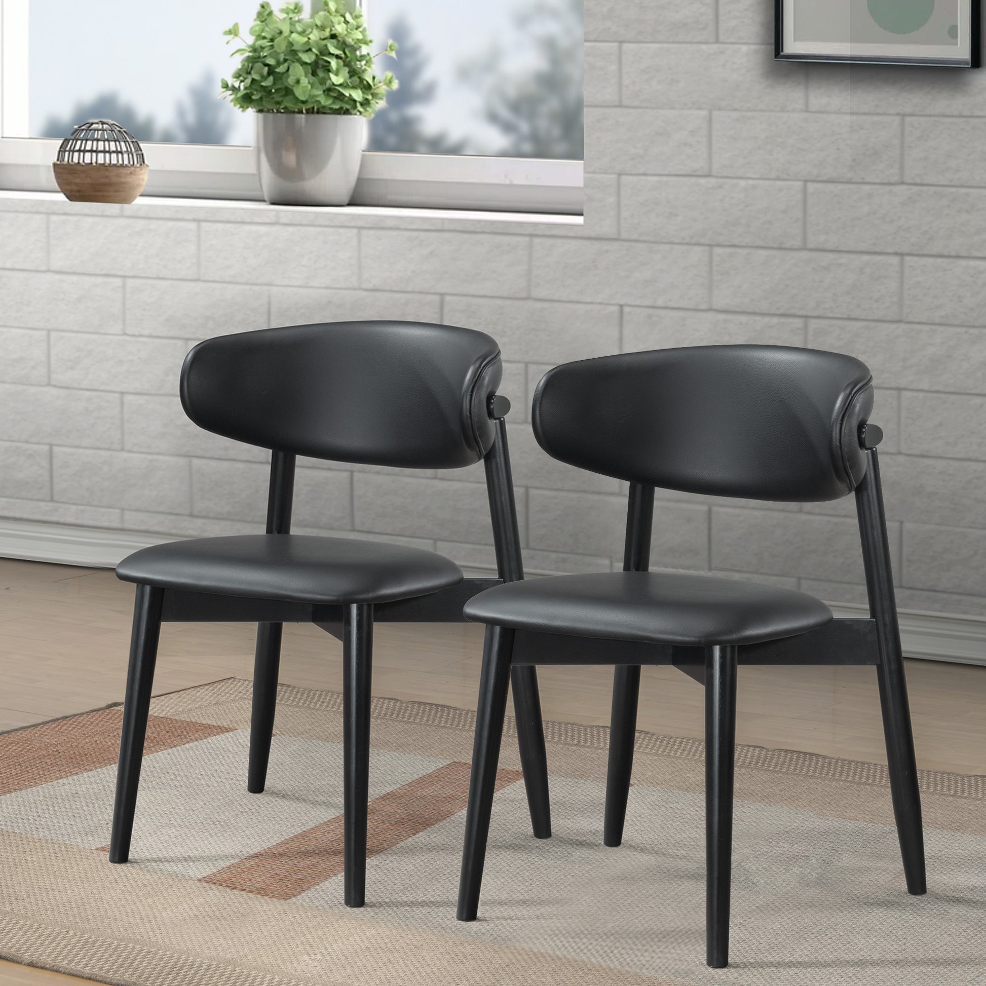 Korbin Black Vegan Leather Dining Chair Set Of 2 Solid Black Espresso Dining Room Wipe Clean Mid Century Modern Dining Chairs Rubberwood Foam Faux Leather,Solid Wood