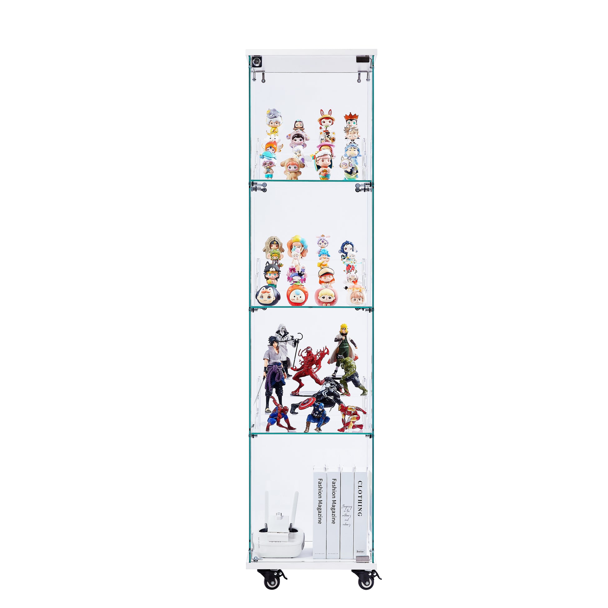 4 Tier Glass Display Cabinet, Single Door Glass Cabinet With Lock And Wheels, Floor Standing Storage Cabinet With 3 Acrylic Shelves For Living Room, Bedroom And Office, White, 15.8"L X 14.2"W X