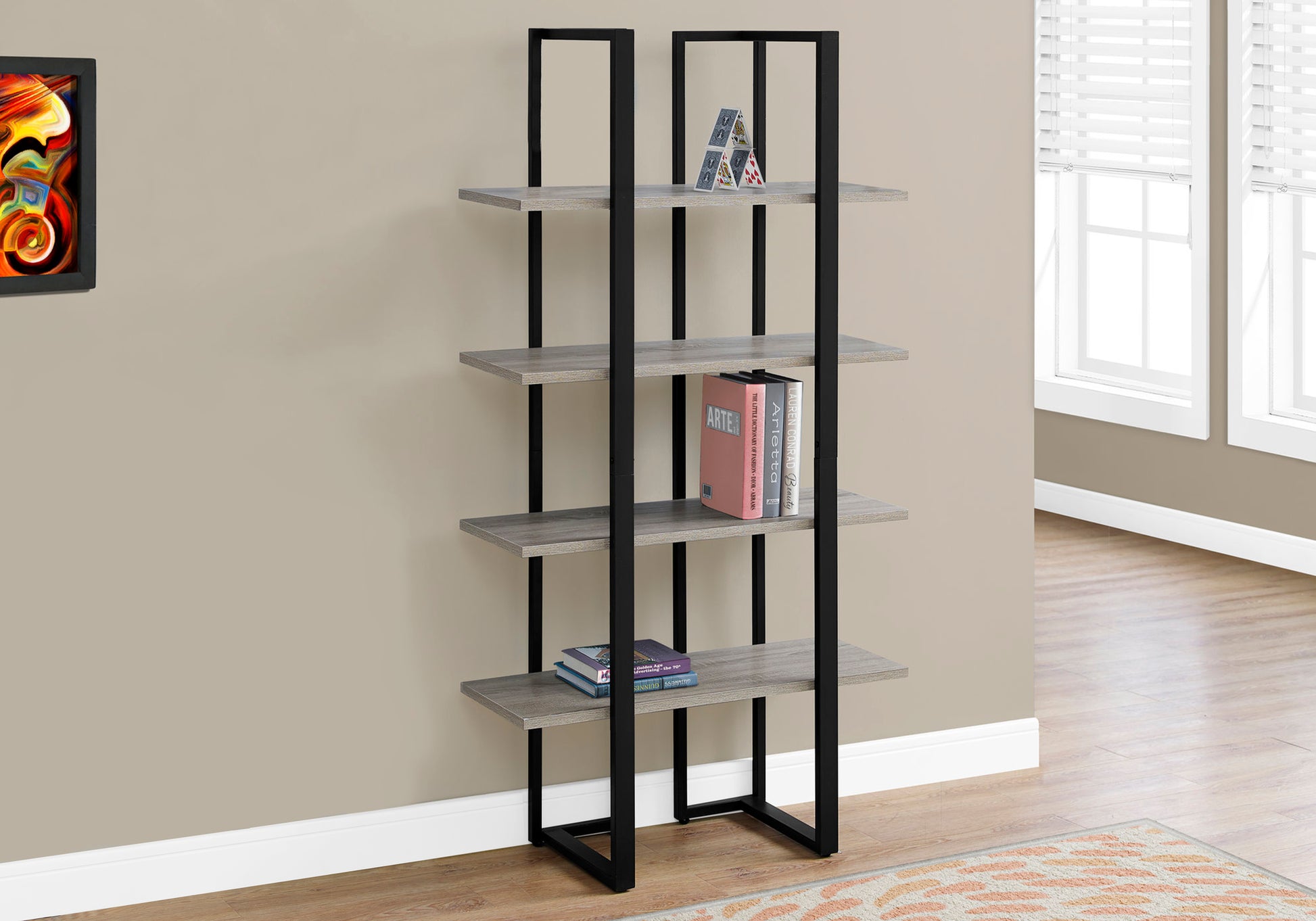 Bookshelf, Bookcase, Etagere, 4 Tier, 60"H, Office, Bedroom, Brown Laminate, Black Metal, Contemporary, Modern Taupe Mdf