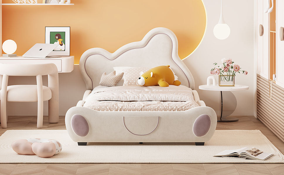 Twin Size Velvet Platform Bed With Bear Shaped Headboard, With Bed End Storage Pocket, Beige Twin Beige Plywood