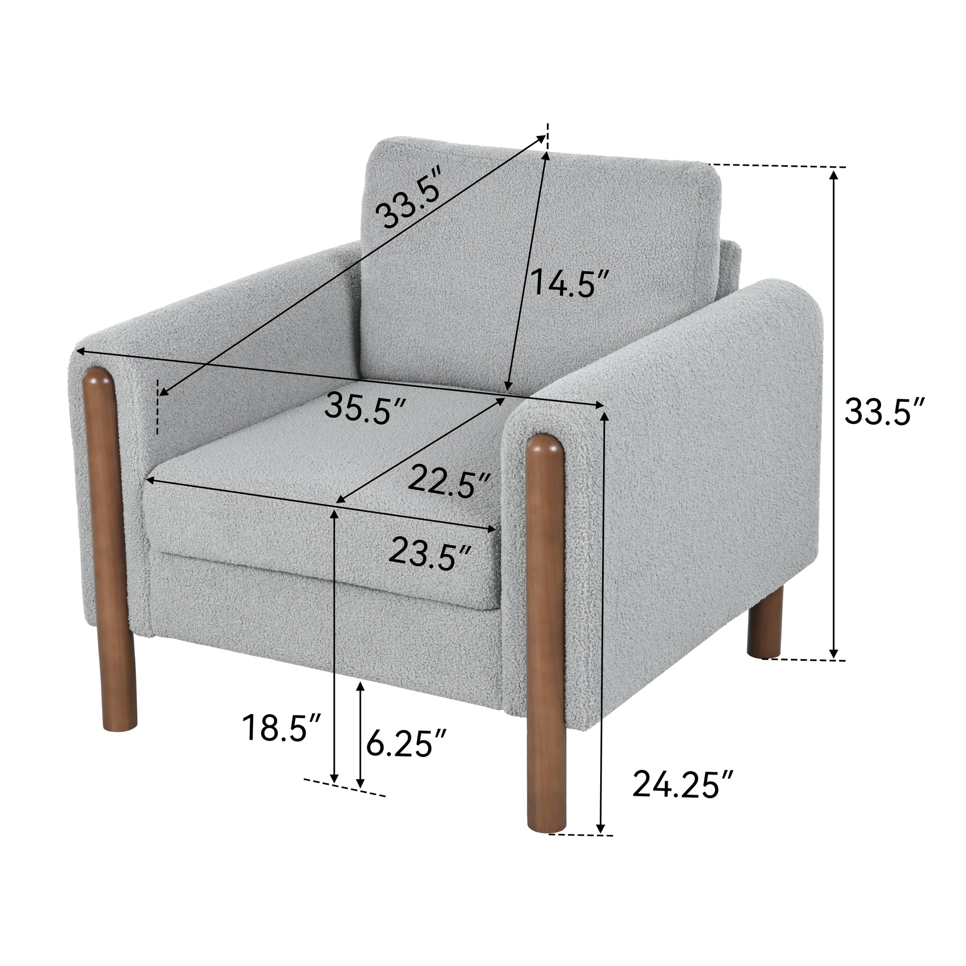 Oversized Accent Chair, Upholstered Living Room Chairs Single Sofa Chair With Walnut Legs, Curved Handrail, Grey Grey Teddy