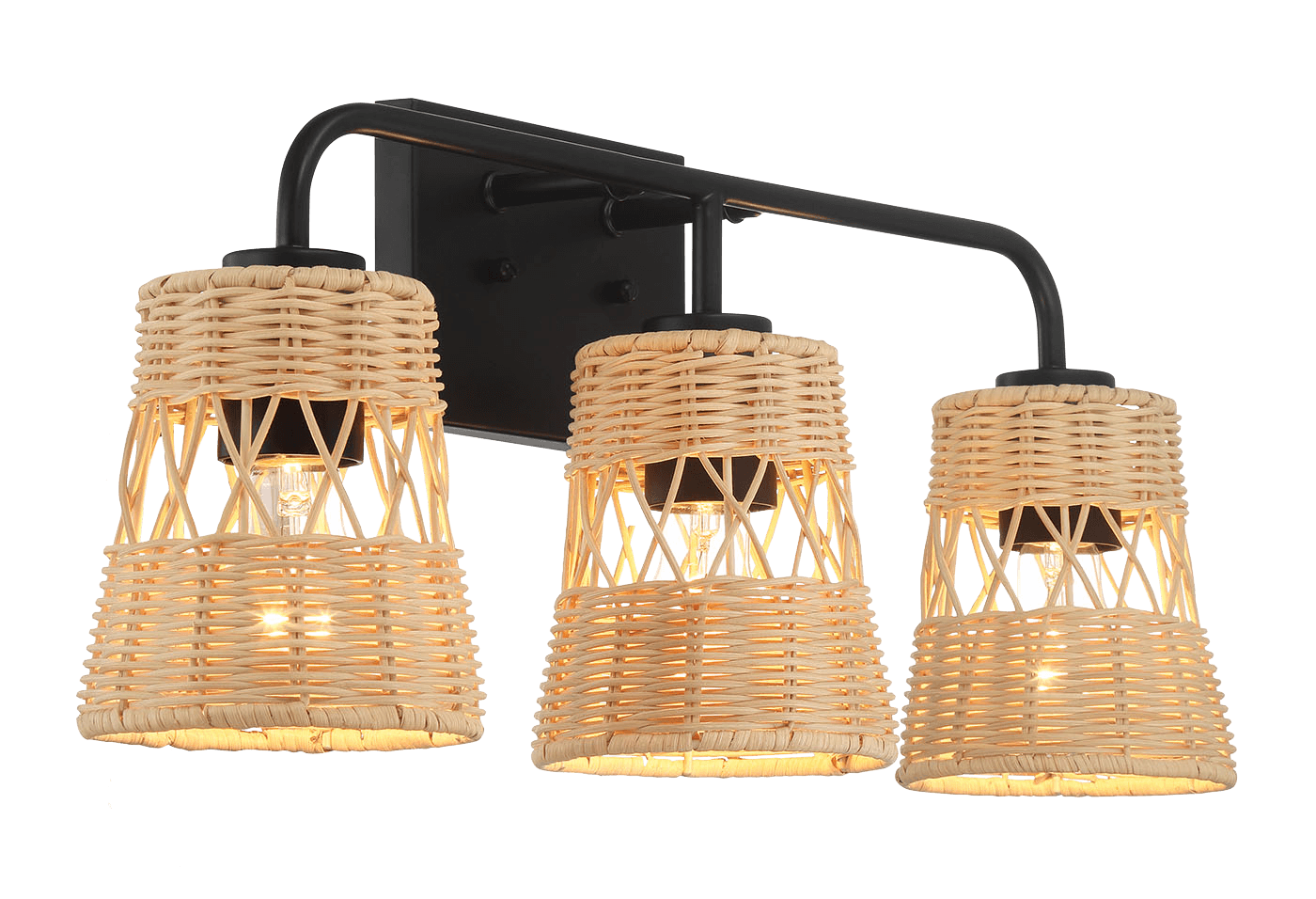 Moonlit Three Lights Wall Sconce With Rattan Shade, Bathroom Lighting Fixtures Over Mirror Black,Rattan Metal,Rattan