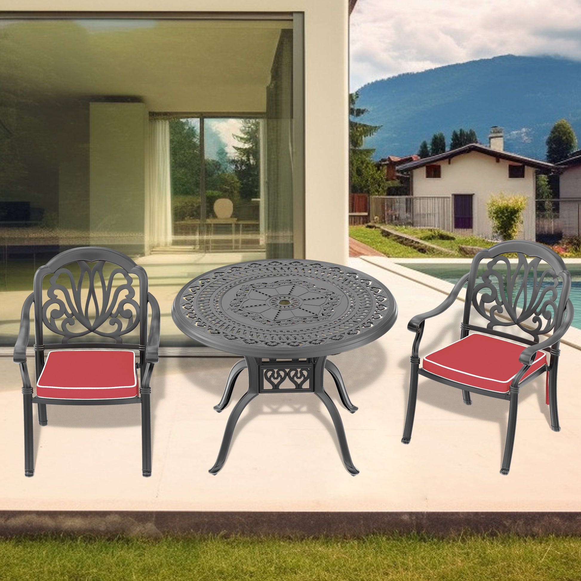 Cushions In Random Colors 3 Piece Set Of Cast Aluminum Patio Furniture With Cushions Yes Complete Patio Set Black Seats 2 Rust Resistant Frame Water Resistant Cushion Garden & Outdoor Complete Patio Sets Aluminium