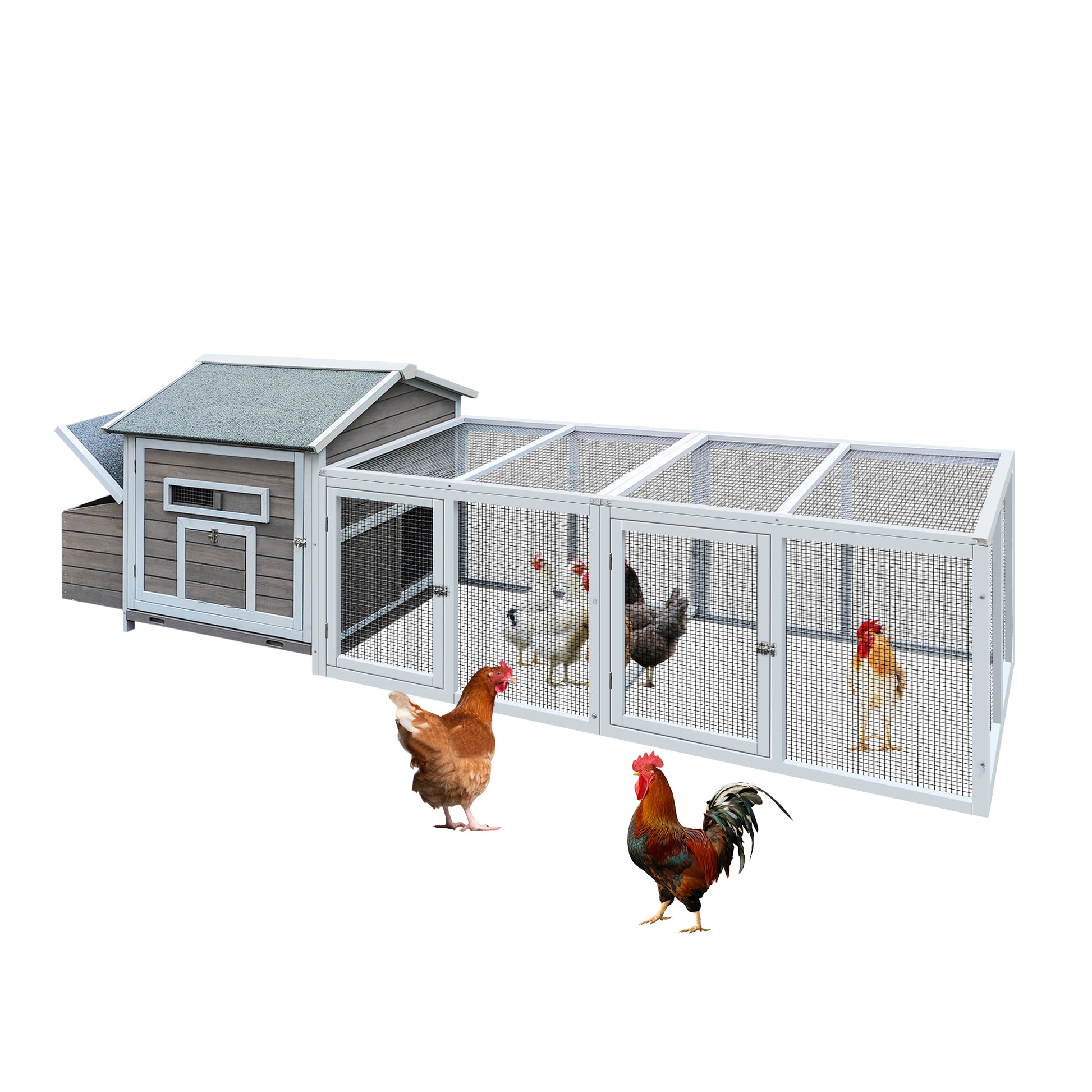 118 Wooden Chicken Coop Hen House Poultry Cage With Free Range Doors, Nesting Box,Leakproof Pull On Tray Gray Wood