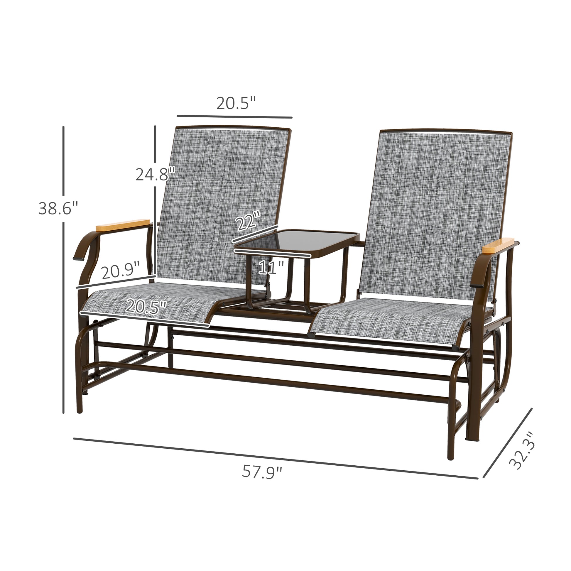 Outsunny 2 Person Outdoor Glider Bench, Patio Swing Glider Chair Loveseat Withmesh, Table, Steel Frame For Garden, Backyard, Porch, Gray Gray Mesh