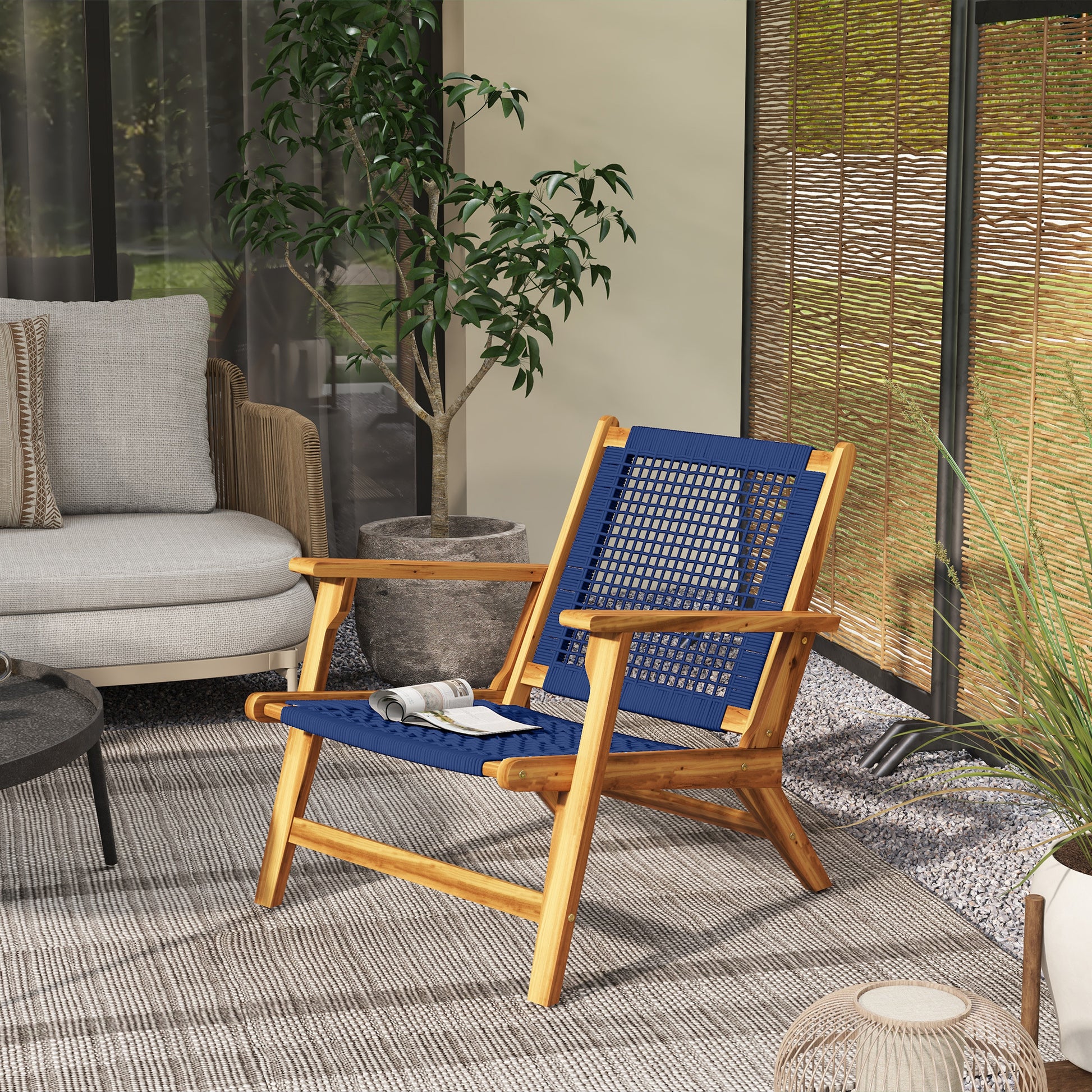 Outsunny Patio Acacia Wood Adirondack Chair, Modern Wood Fire Pit Chair With Pp Rope Weave, Coconino Lounge Chair With High Backrest Support, Dark Blue Blue Wood