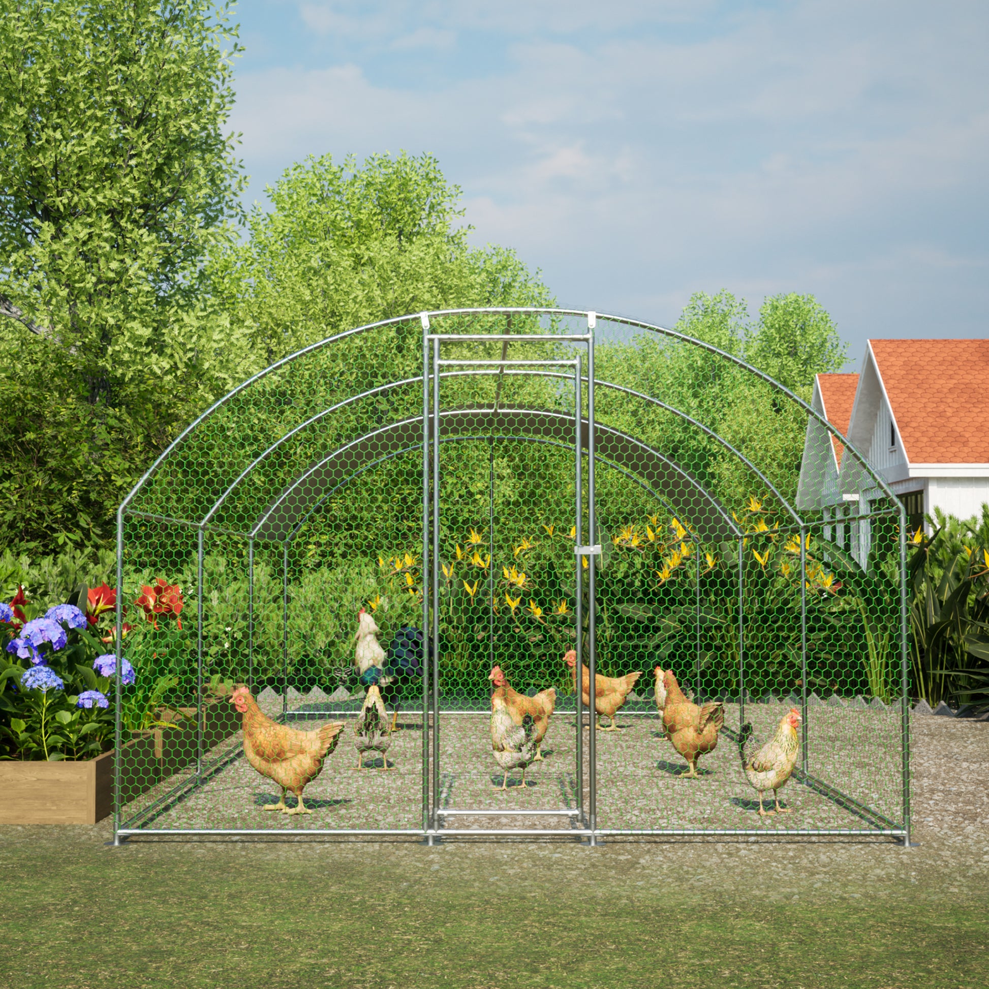 Large Chicken Coop Metal Chicken Run With Waterproof And Anti Uv Cover, Dome Shaped Walk In Fence Cage Hen House For Outdoor And Yard Farm Use, 1" Tube Diameter, 9.84' X 19.68' X 6.56' White Aluminum