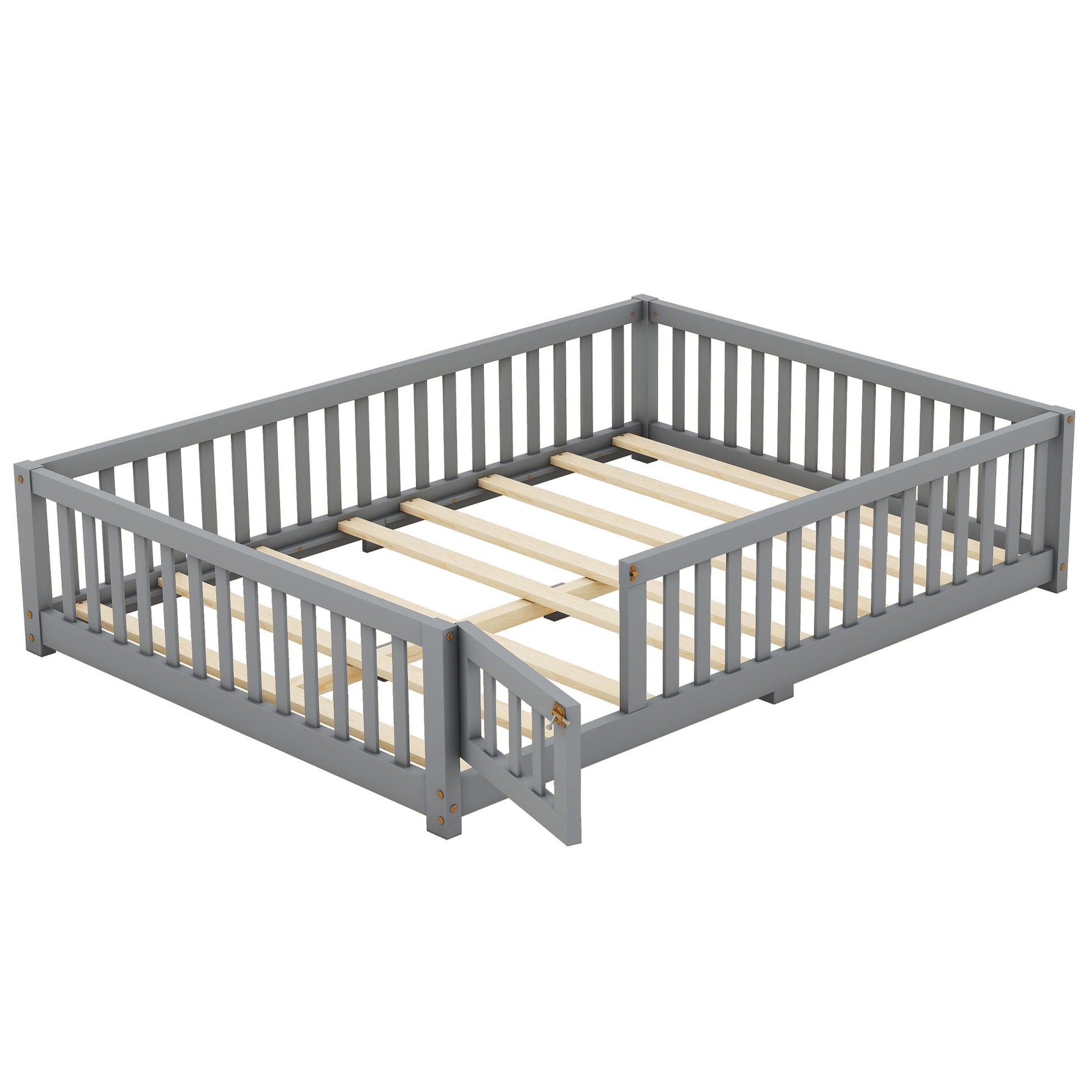 Full Size Bed Floor Bed With Safety Guardrails And Door For Kids, Gray Old Sku: W158090691 Full Gray Pine