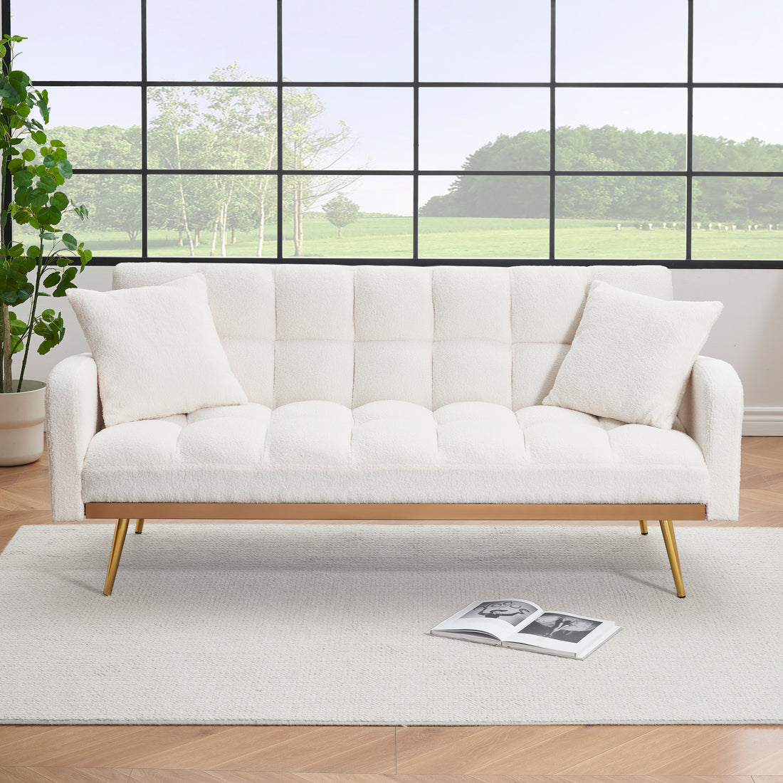 69 Inch Beige Sofa Bed With Adjustable Sofa Teddy Fleece 2 Throw Pillows Beige Fabric 2 Seat