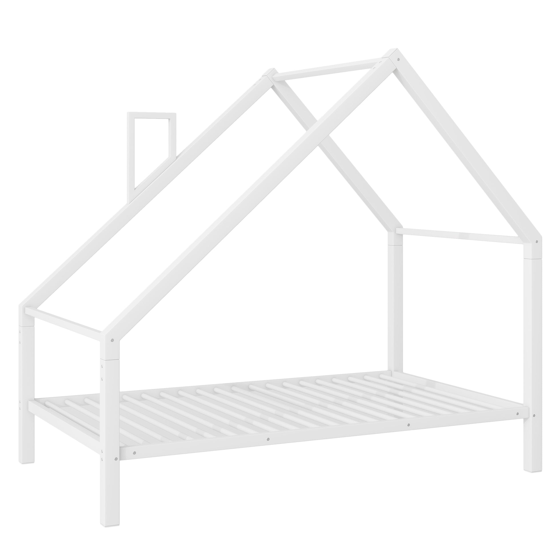 Twin Size Metal House Platform Bed With Roof And Chimney, White Box Spring Not Required Twin White Metal Bedroom Bed Frame Metal