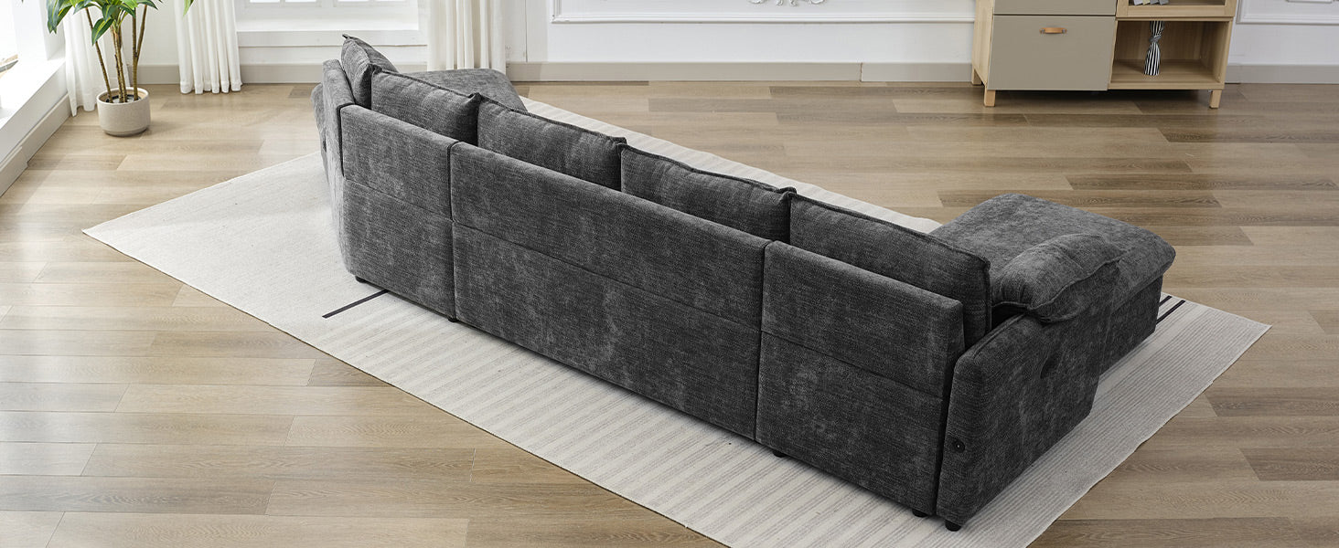 146.9" L Shaped Sofa Sectional Sofa Couch Pull Out Sofa Bed With A Movable Storage Ottoman, A Storage Chaise Lounge And Two Usb Ports For Living Room, Grey Grey Foam Linen 5 Seat